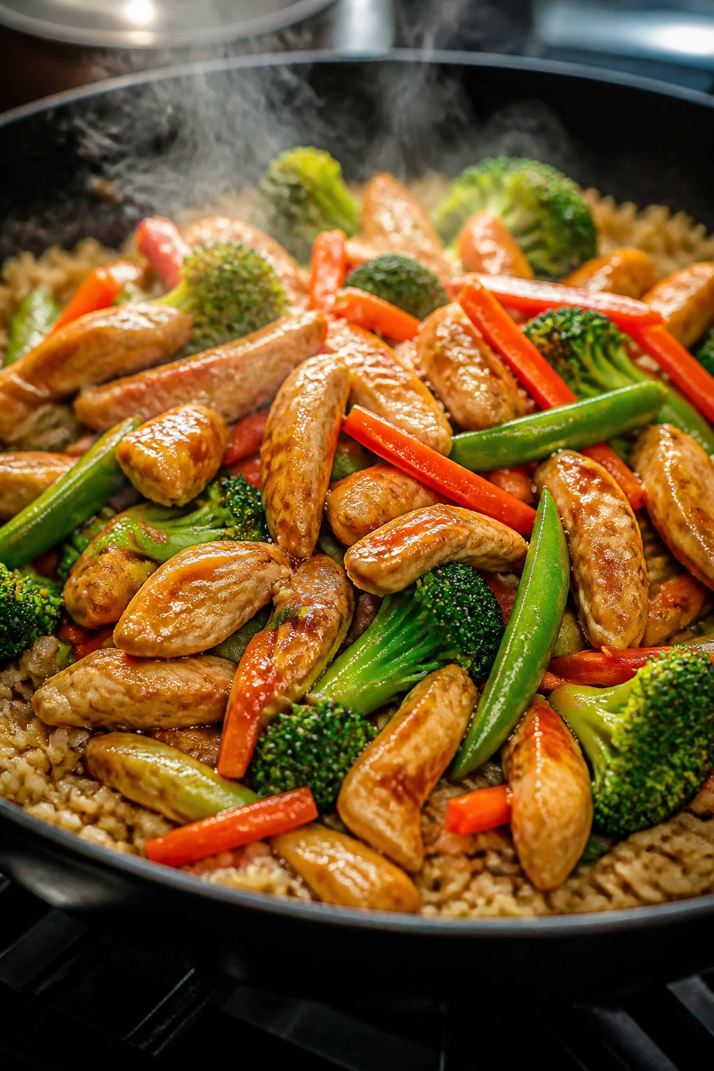 Chicken and veggie stir-fry with brown rice in pan