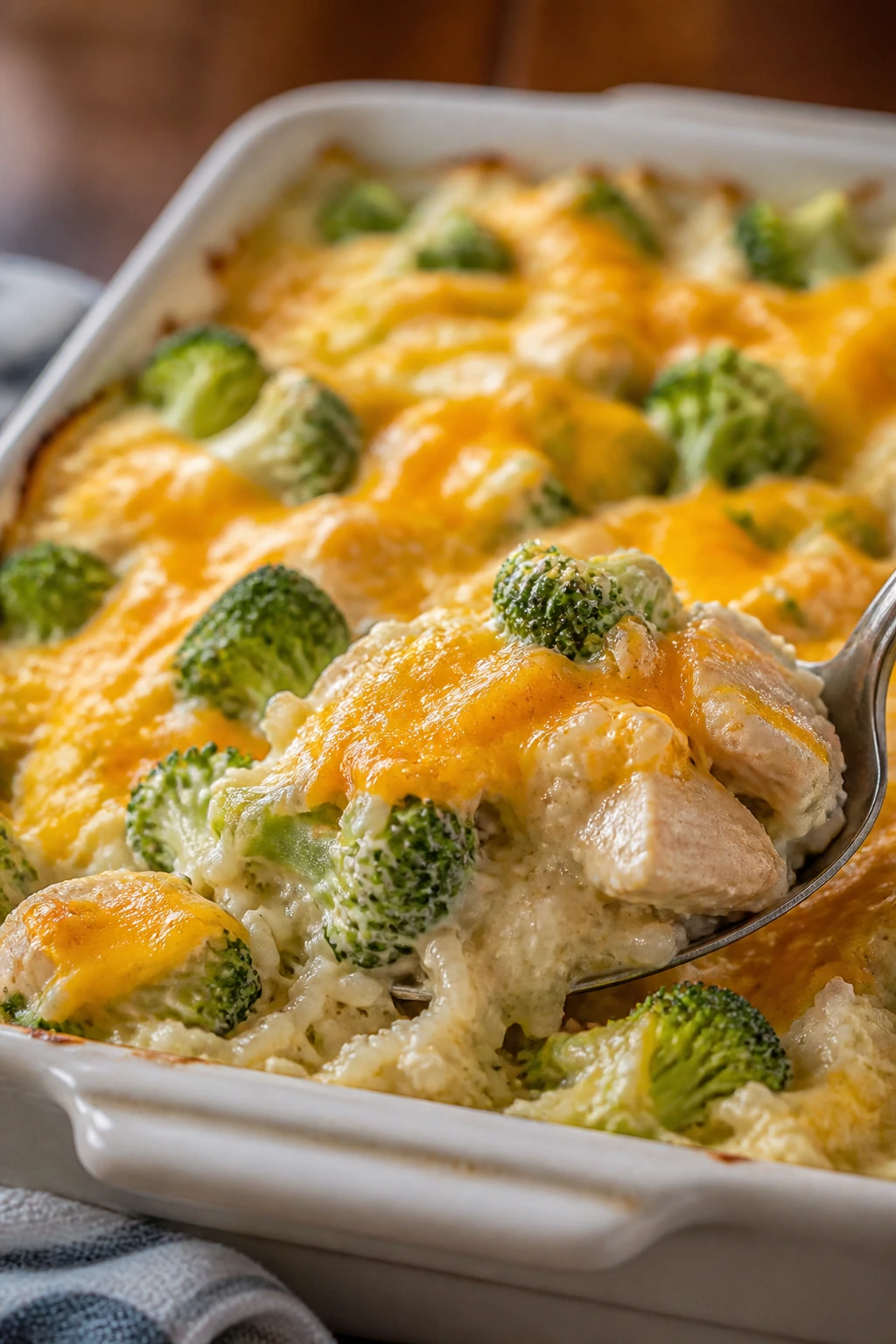 Casserole with chicken, broccoli, and rice in baking dish