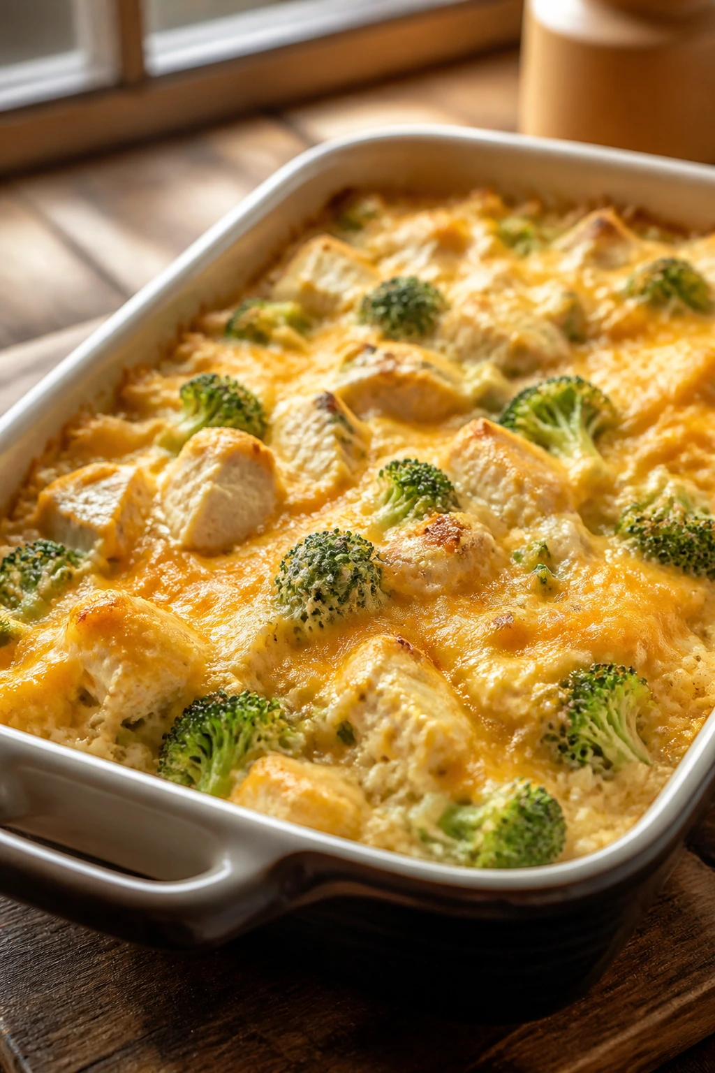 Close-up of Chicken and Broccoli Cheddar Rice Casserole in baking dish with creamy cheese topping and broccoli.