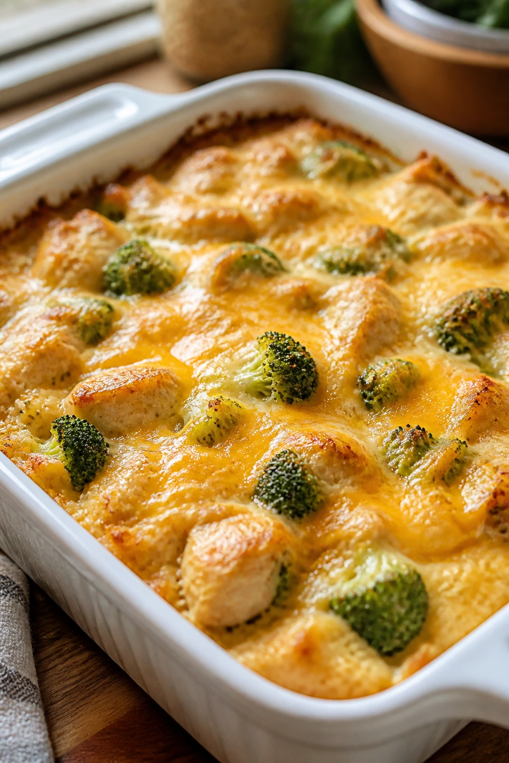 Creamy chicken broccoli rice casserole close-up