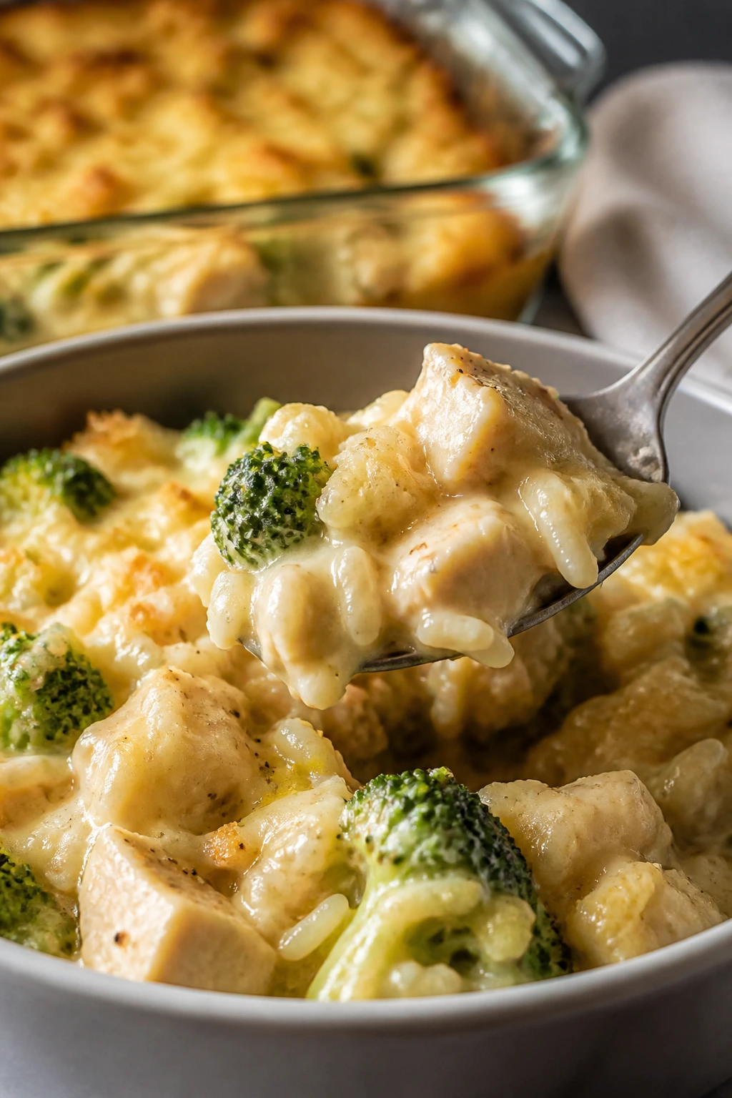 Close-up of creamy chicken and broccoli rice casserole serving