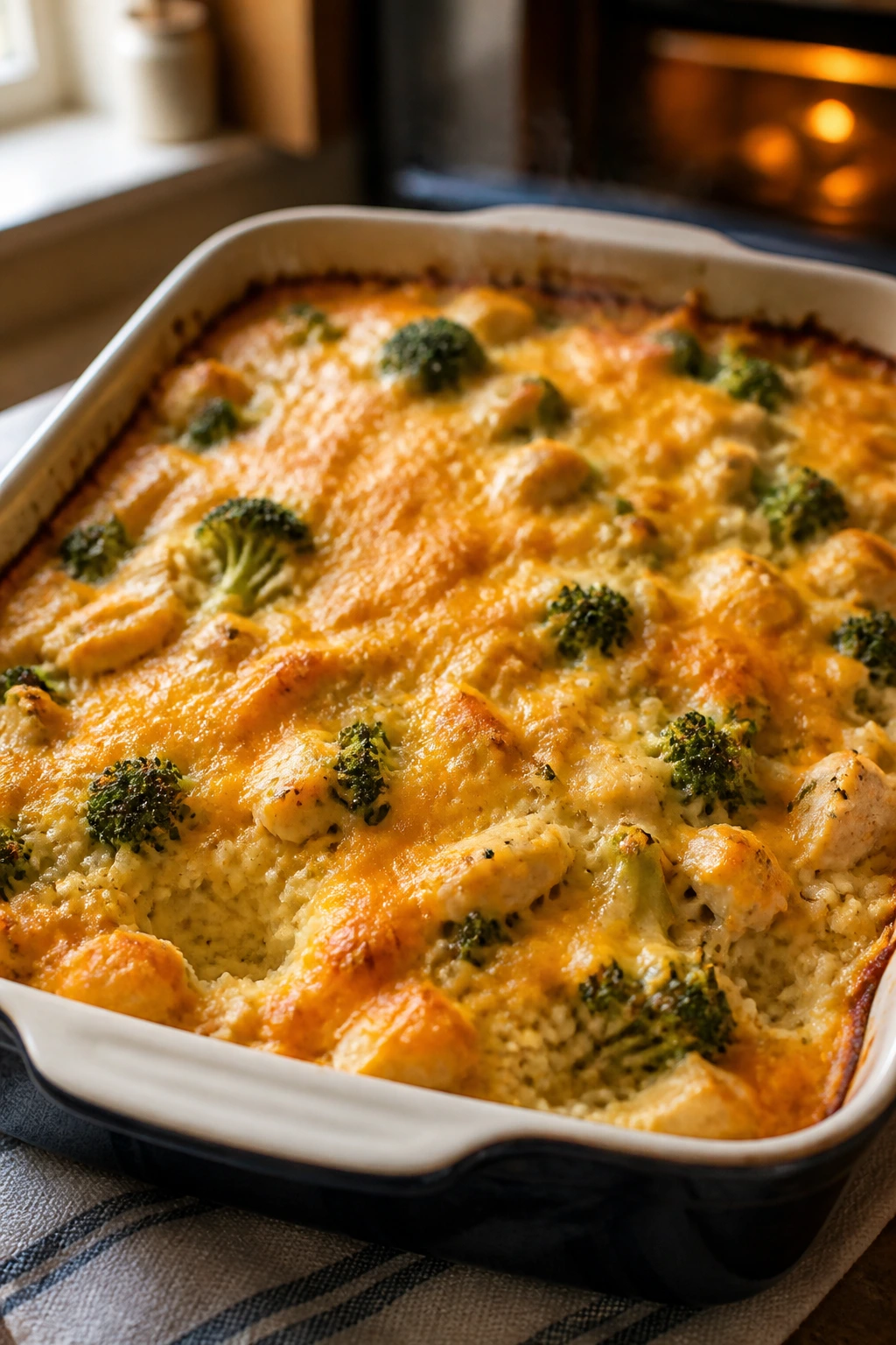 Close-up of creamy chicken broccoli rice casserole in a 9x13 dish with melted cheddar crust
