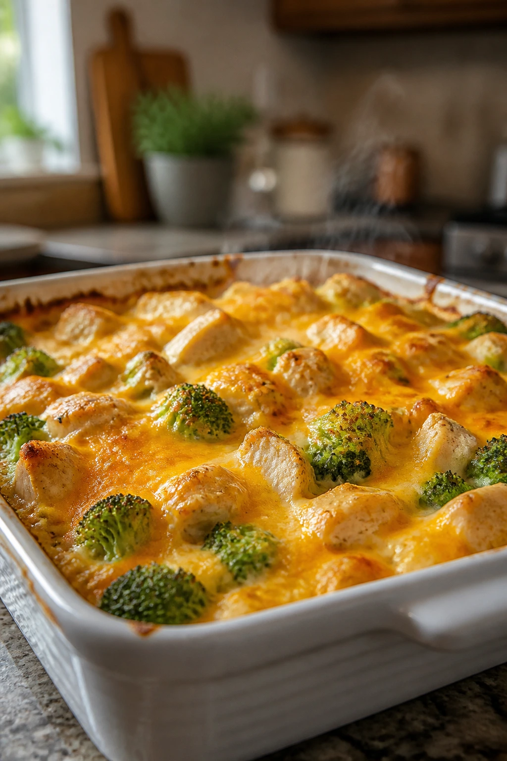 Close-up of chicken and broccoli cheddar bake bubbling in a baking dish.