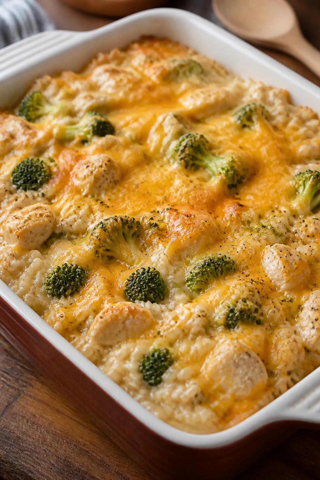 Creamy chicken broccoli cheddar rice casserole in a baking dish