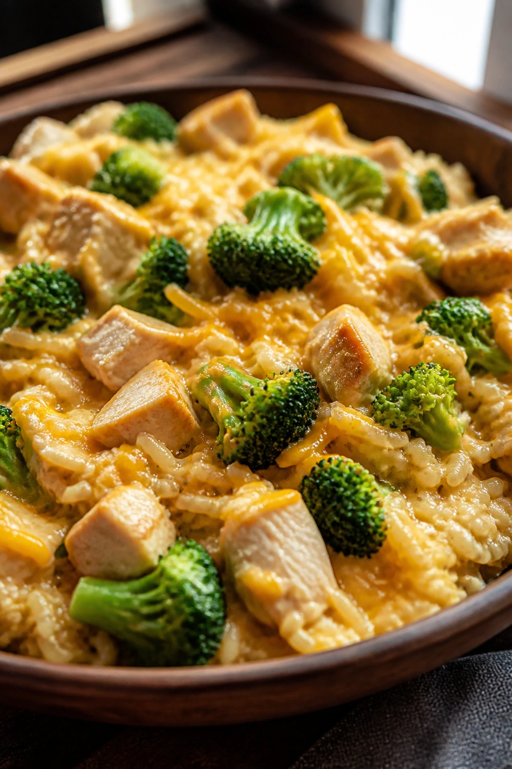 Close-up of creamy chicken broccoli cheddar rice on a plate in a warm kitchen