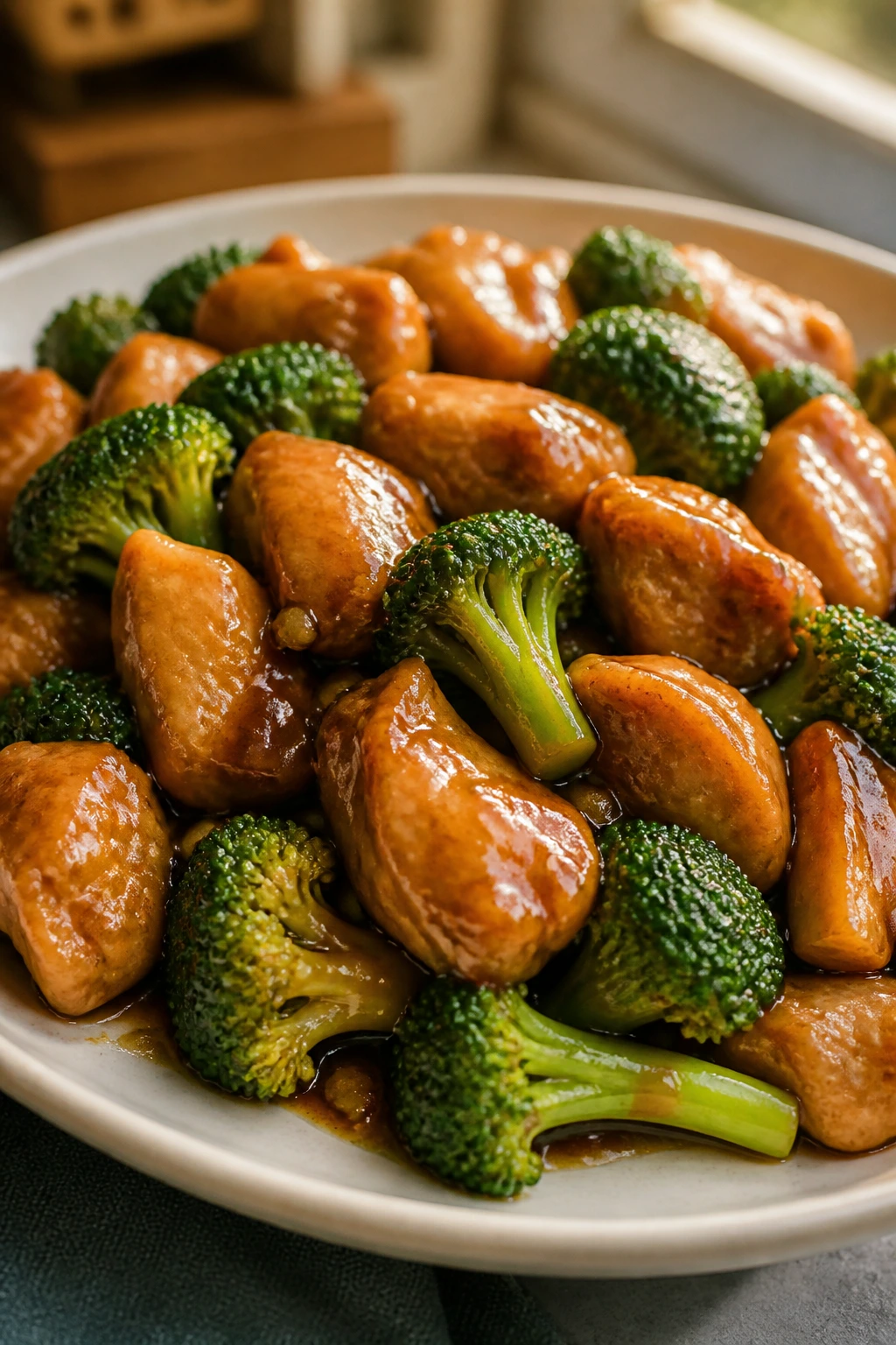 Chicken with broccoli in a glossy sauce on a plate