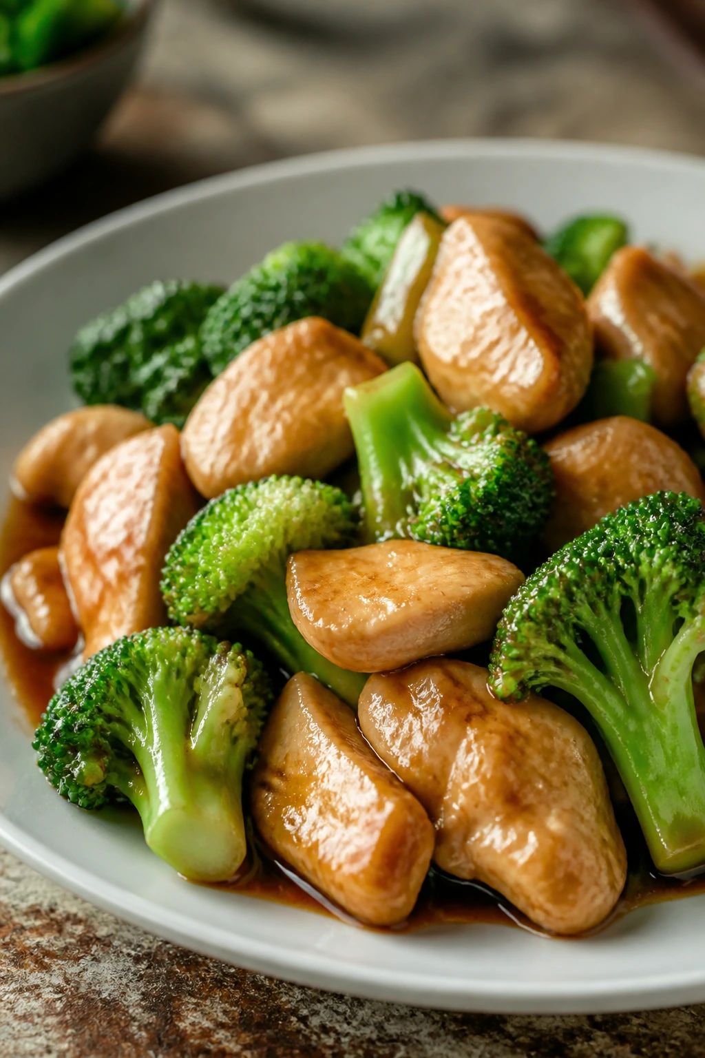 Close-up of velveted chicken with broccoli in glossy sauce on plate