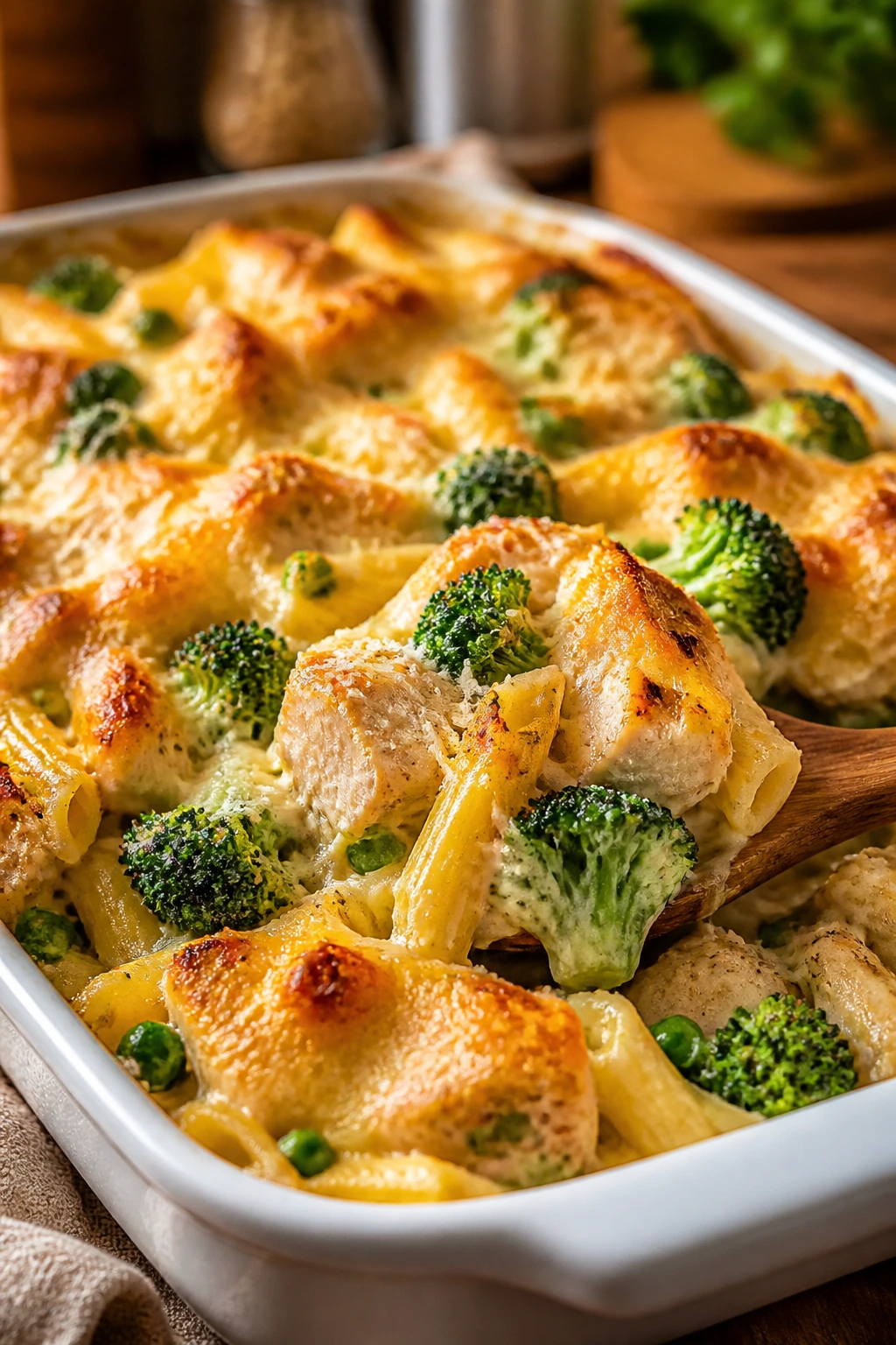Close-up of creamy chicken broccoli pasta bake with melted cheese on top