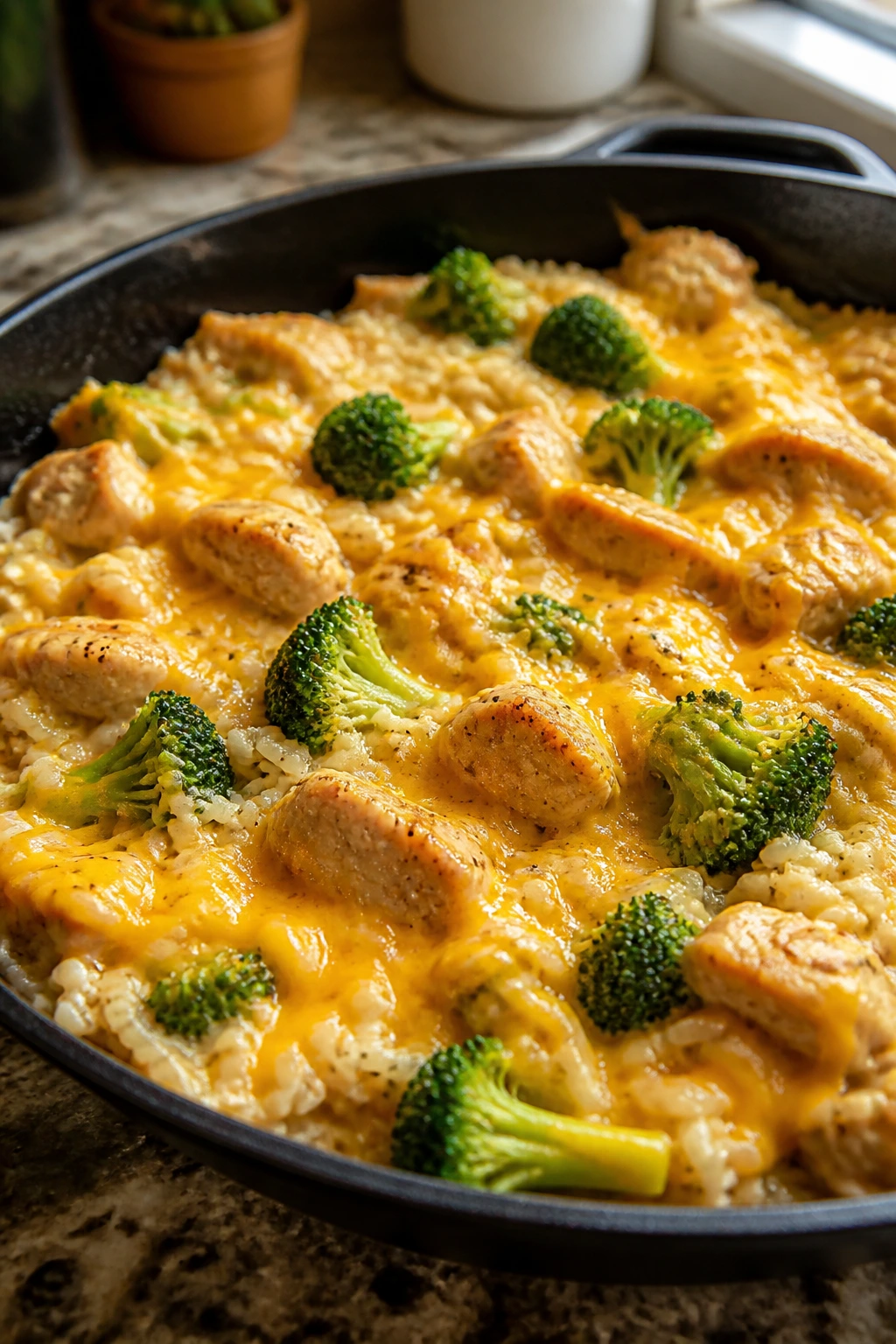 Skillet with cheesy chicken broccoli rice close-up