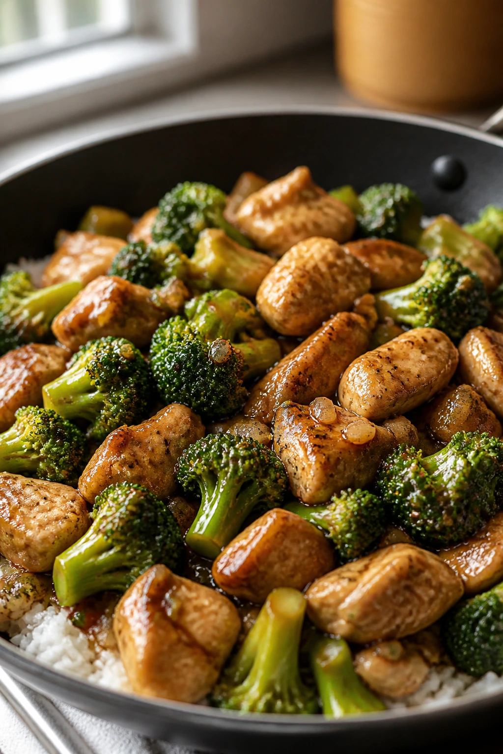 Chicken and broccoli stir-fry over rice in a kitchen
