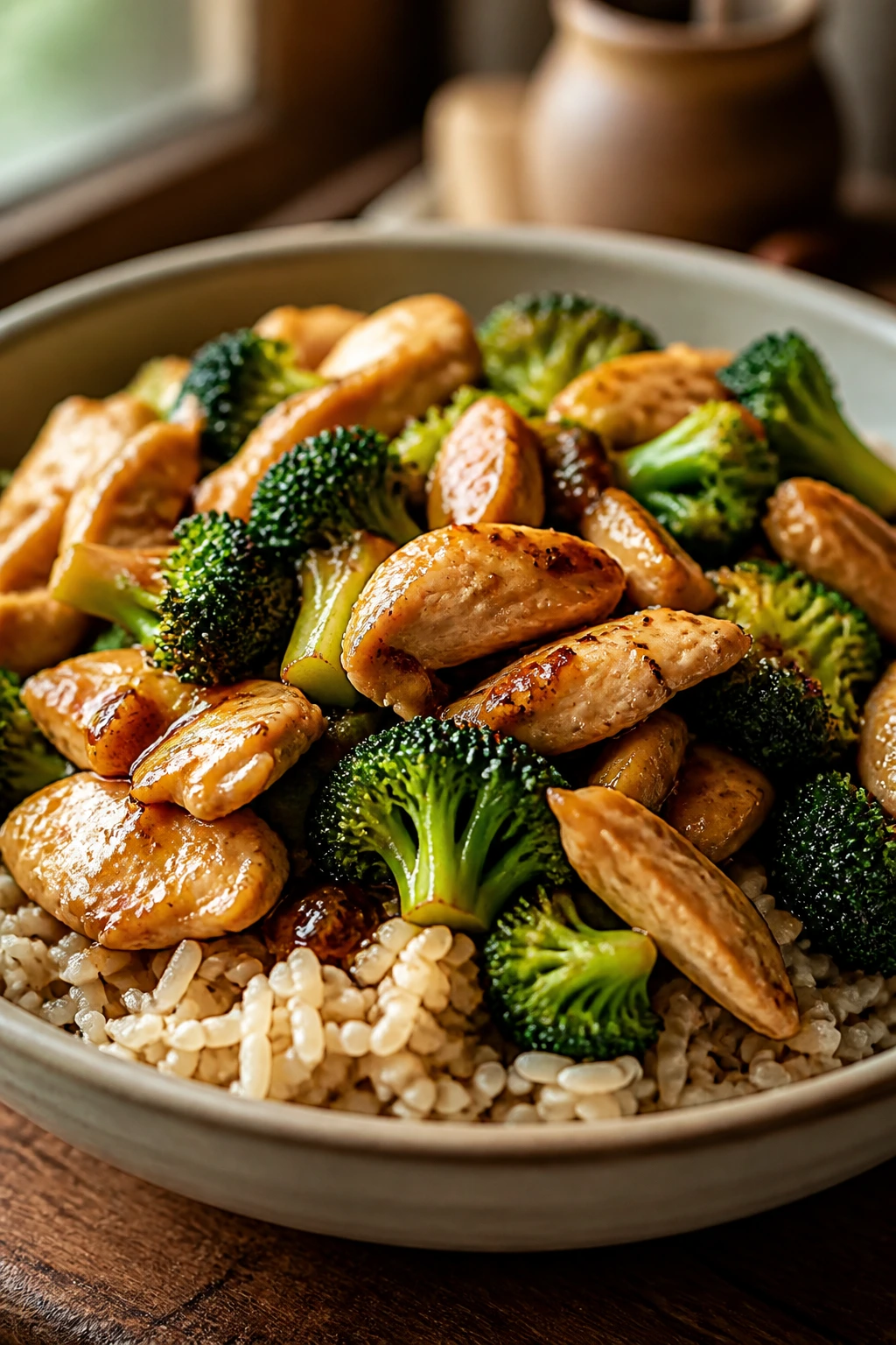 Chicken broccoli stir-fry with brown rice.
