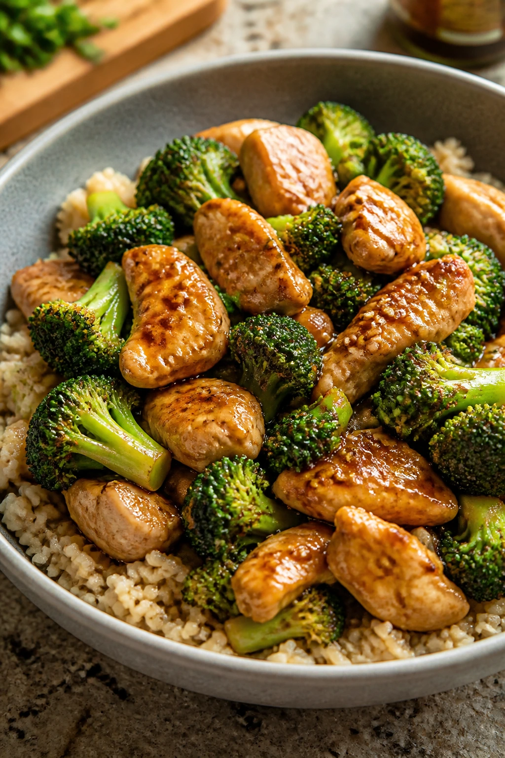 Chicken and broccoli stir-fry over brown rice
