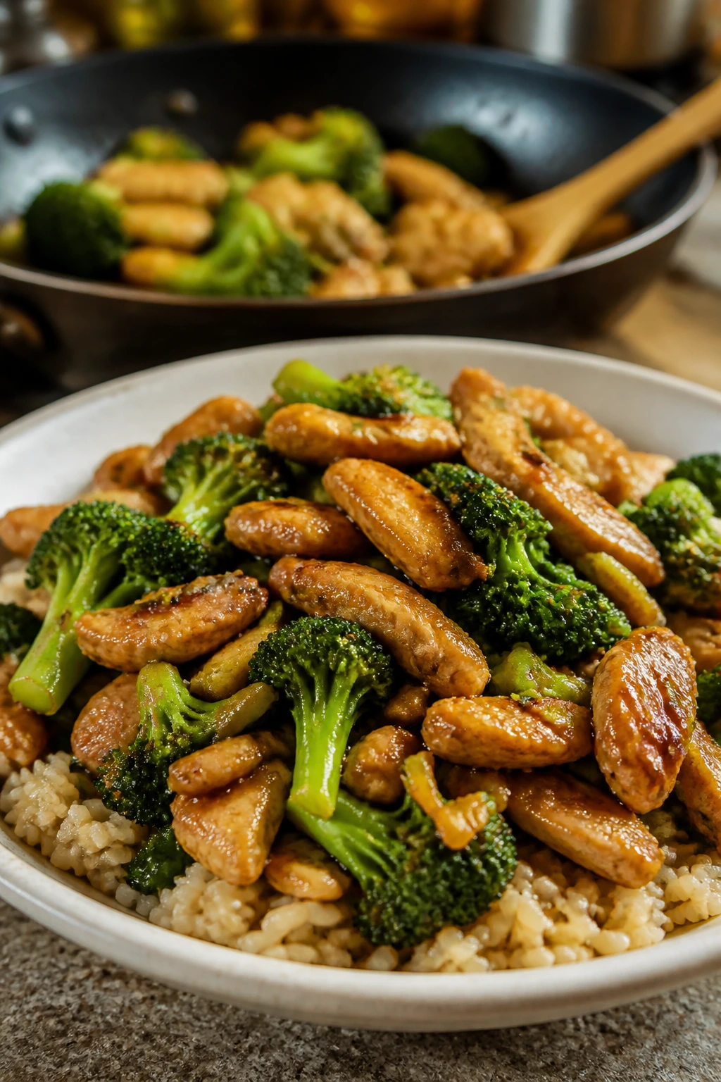 Glassy chicken broccoli stir-fry over brown rice.