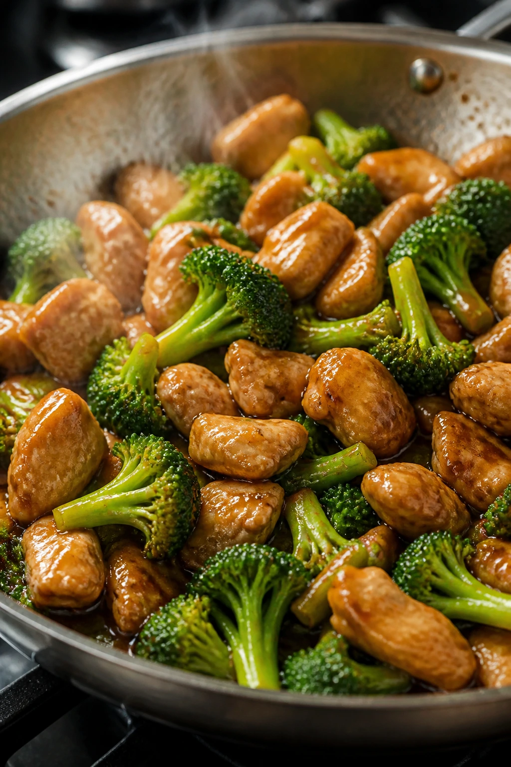 Close-up of chicken and broccoli stir-fry with glossy sauce in a wok