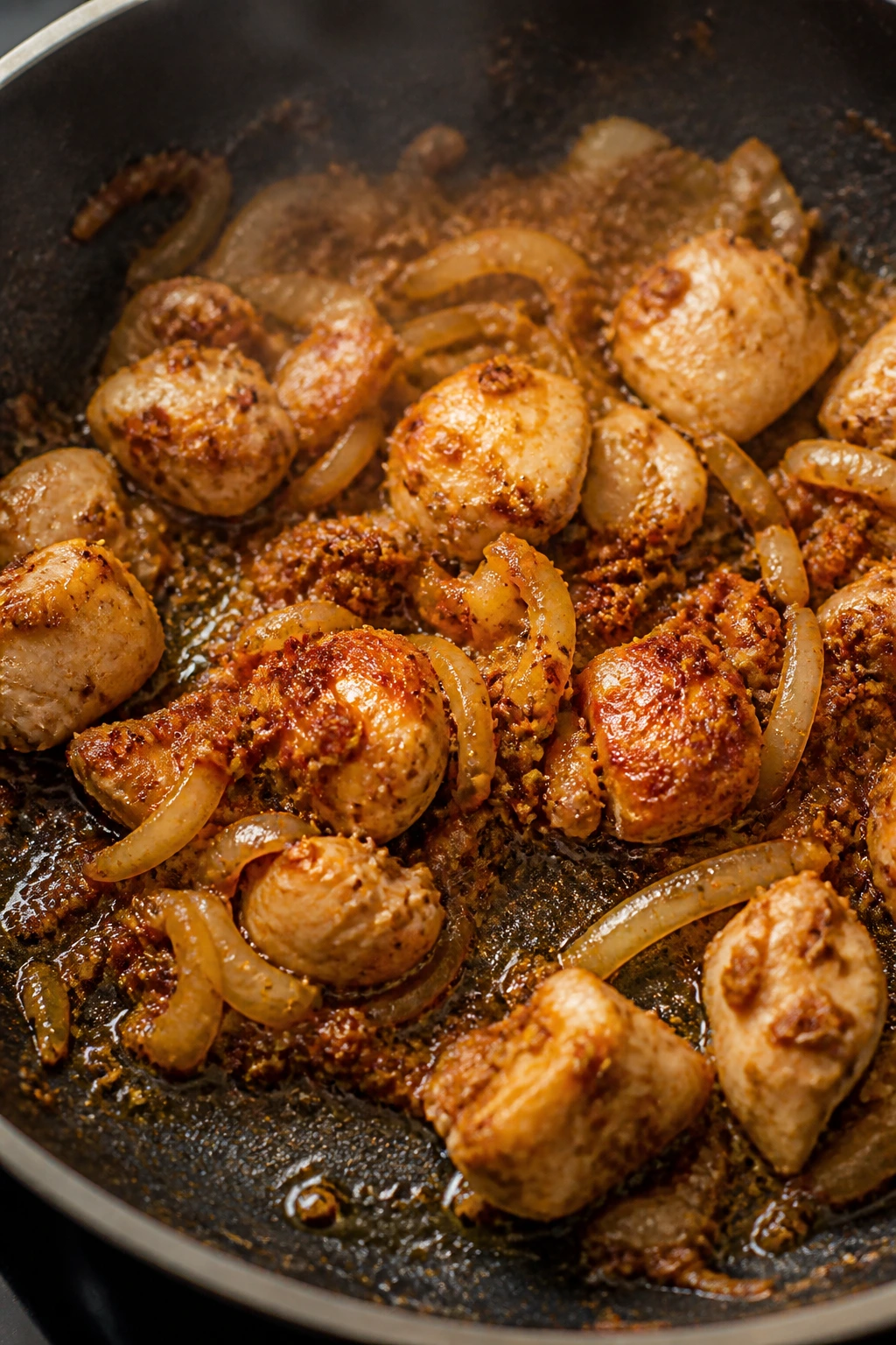 Chicken browning in a pan as curry paste sizzles
