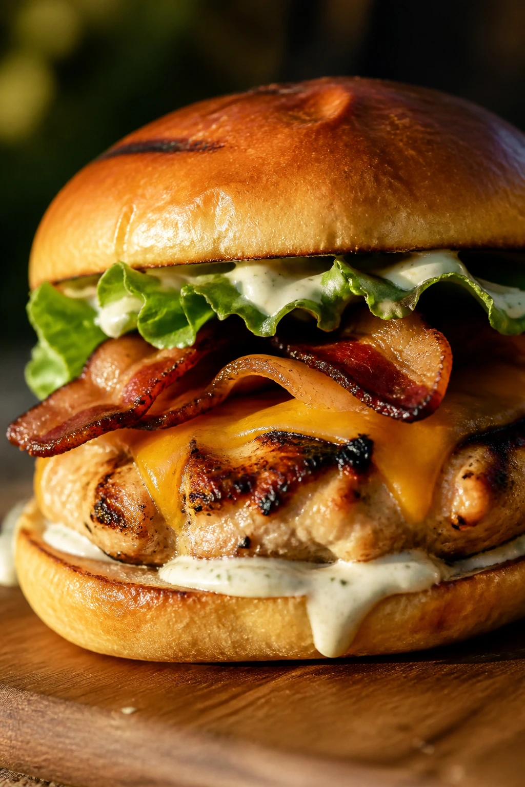 Close-up of chicken bacon ranch burger with cheddar and bacon on a bun