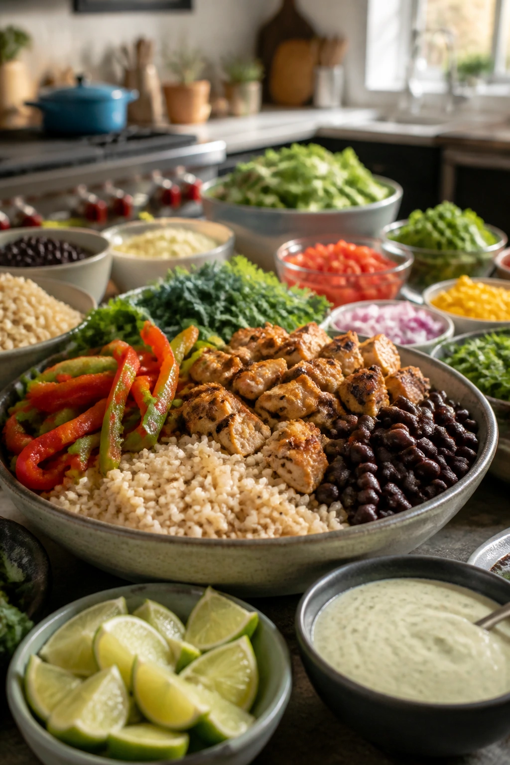 Colorful chicken burrito bowls arranged for serving at a crowd-friendly buffet