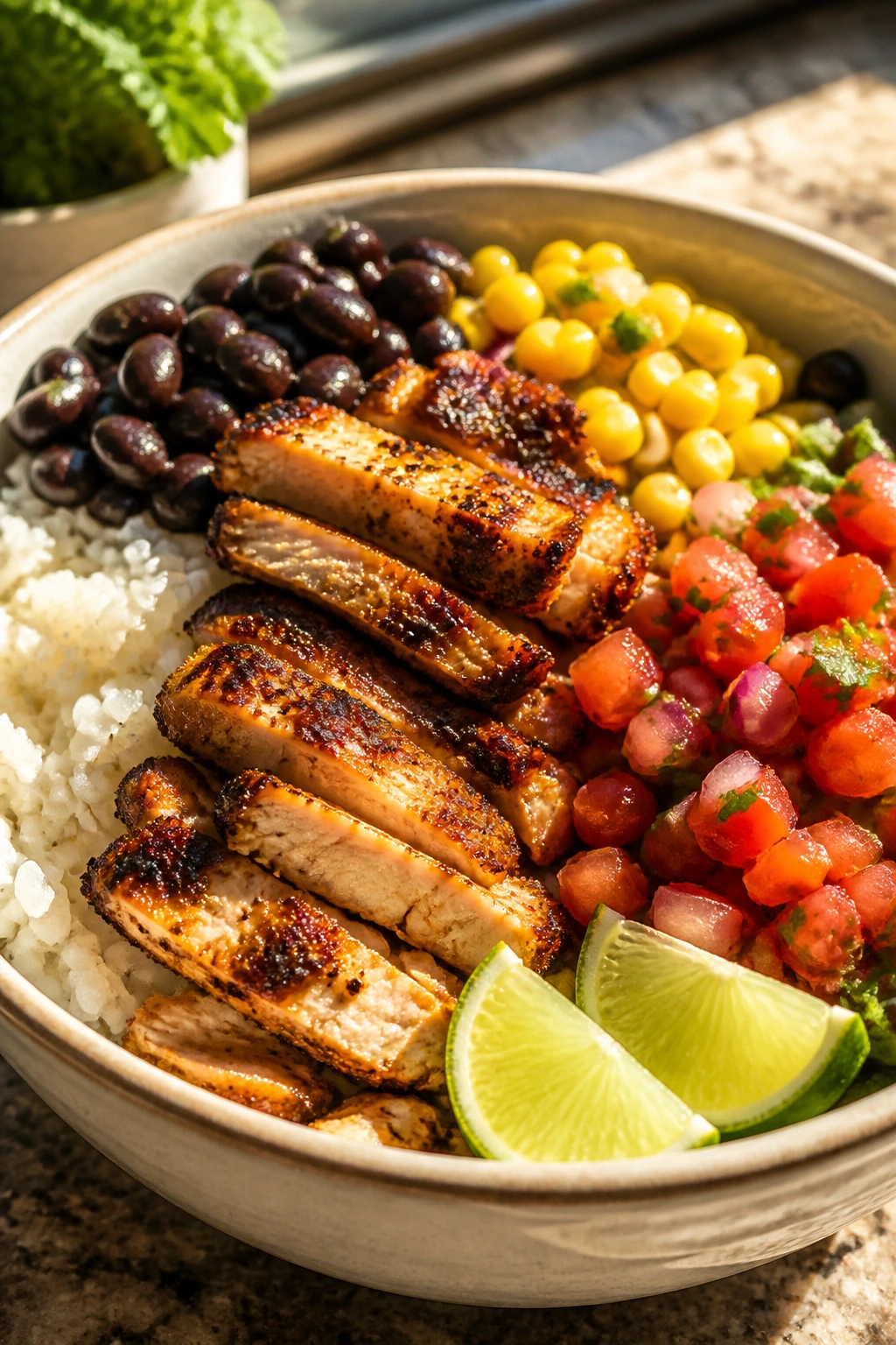 Close-up of a chicken burrito bowl with rice, beans, corn, pico de gallo and lime