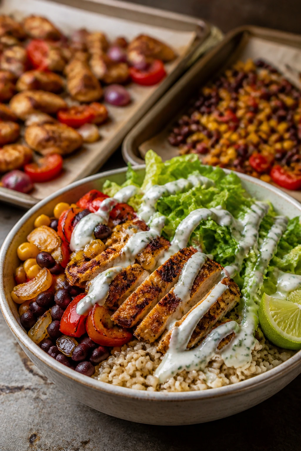 Close-up of a chicken burrito bowl with rice, peppers, beans, corn and yogurt drizzle in a warm kitchen