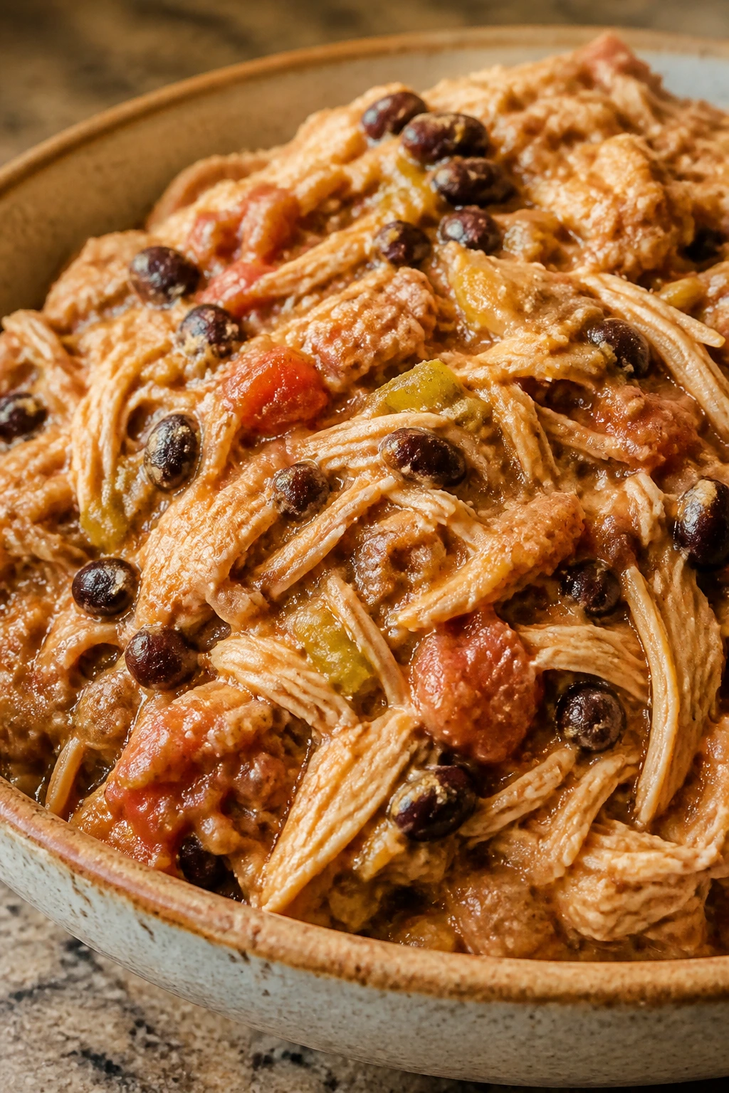 Close-up of burrito filling with chicken and beans in a bowl
