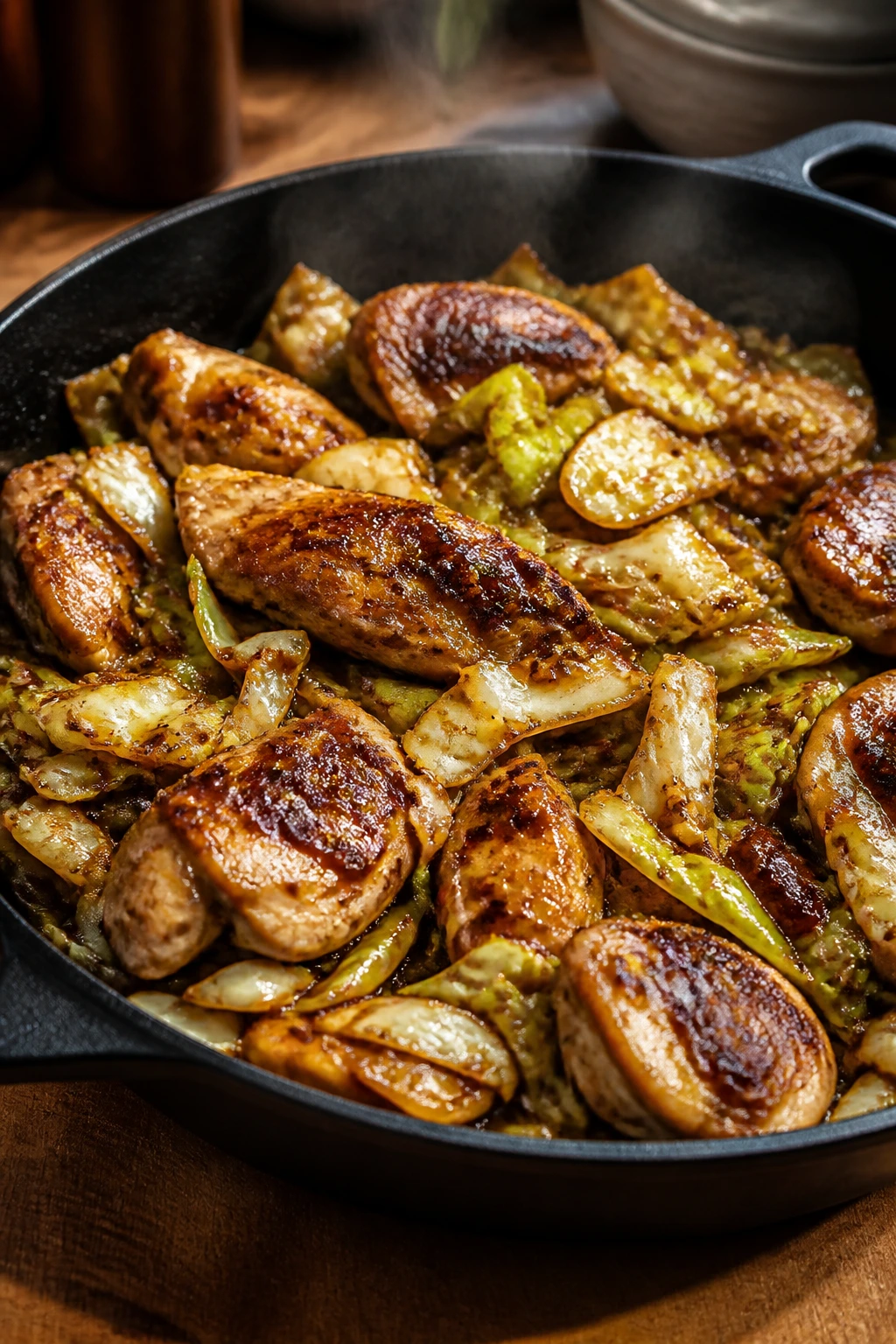 Skillet with chicken and cabbage in soy glaze