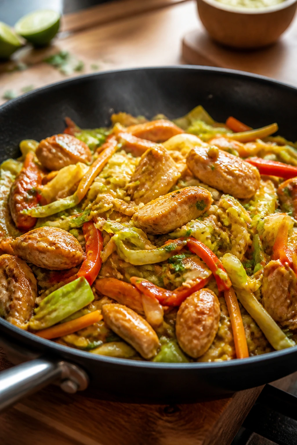 Close-up of chicken cabbage stir-fry with peanut-lime sauce
