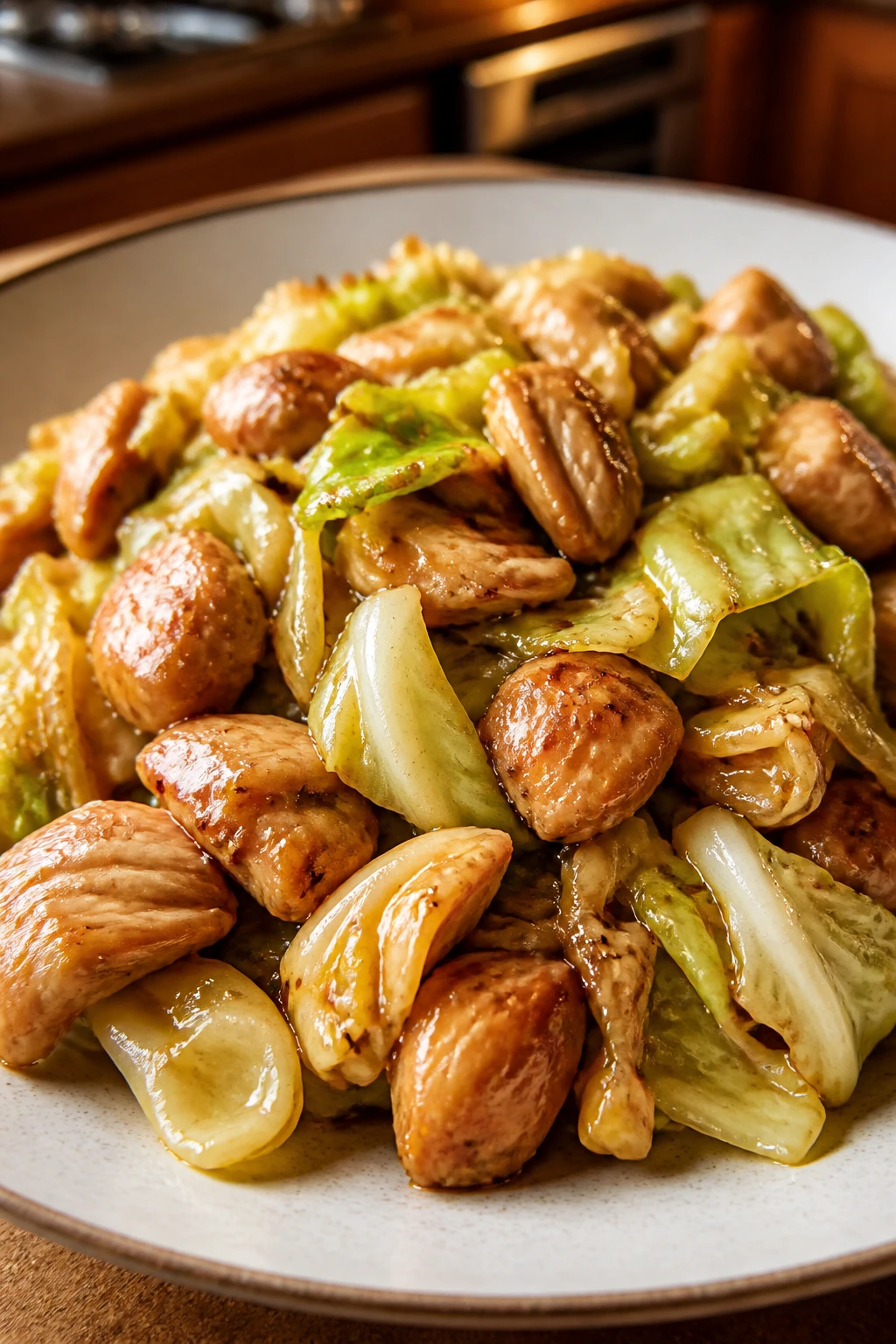 Close-up of Chicken and Cabbage Stir-Fry on a plate in a home kitchen