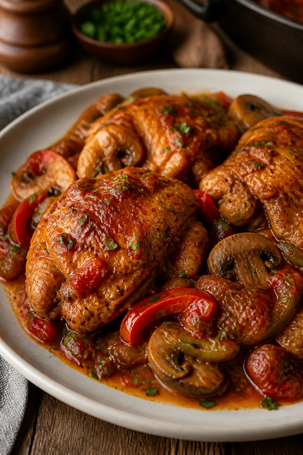 Braised chicken cacciatore with peppers and mushrooms in tomato sauce