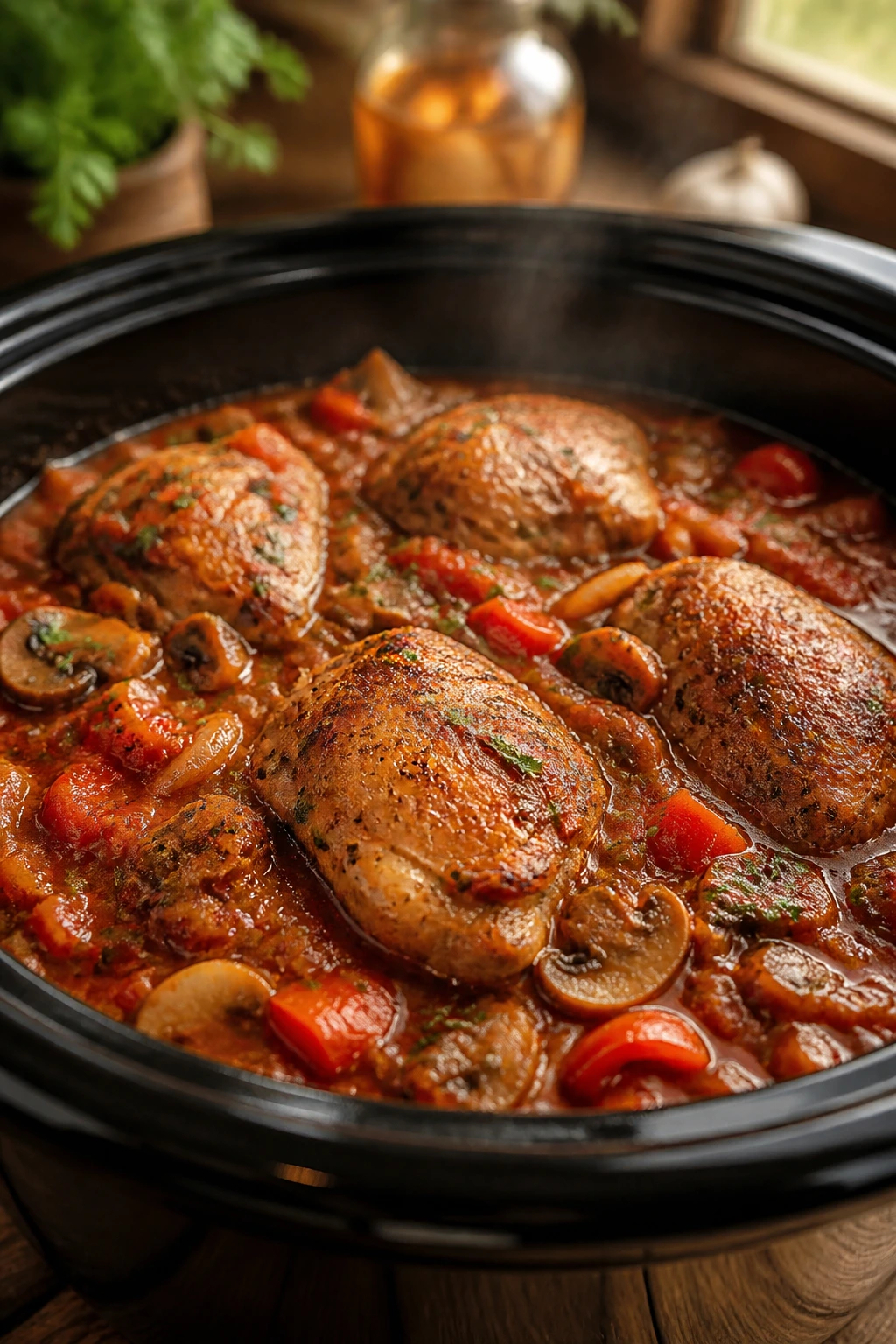Close-up of chicken cacciatore in tomato pepper mushroom sauce