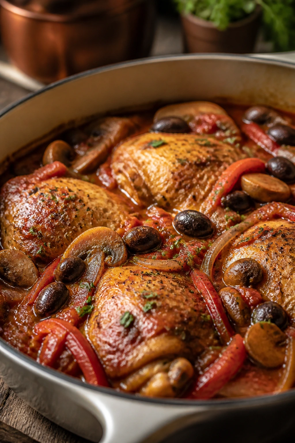 Close-up of Chicken Cacciatore with peppers mushrooms and olives