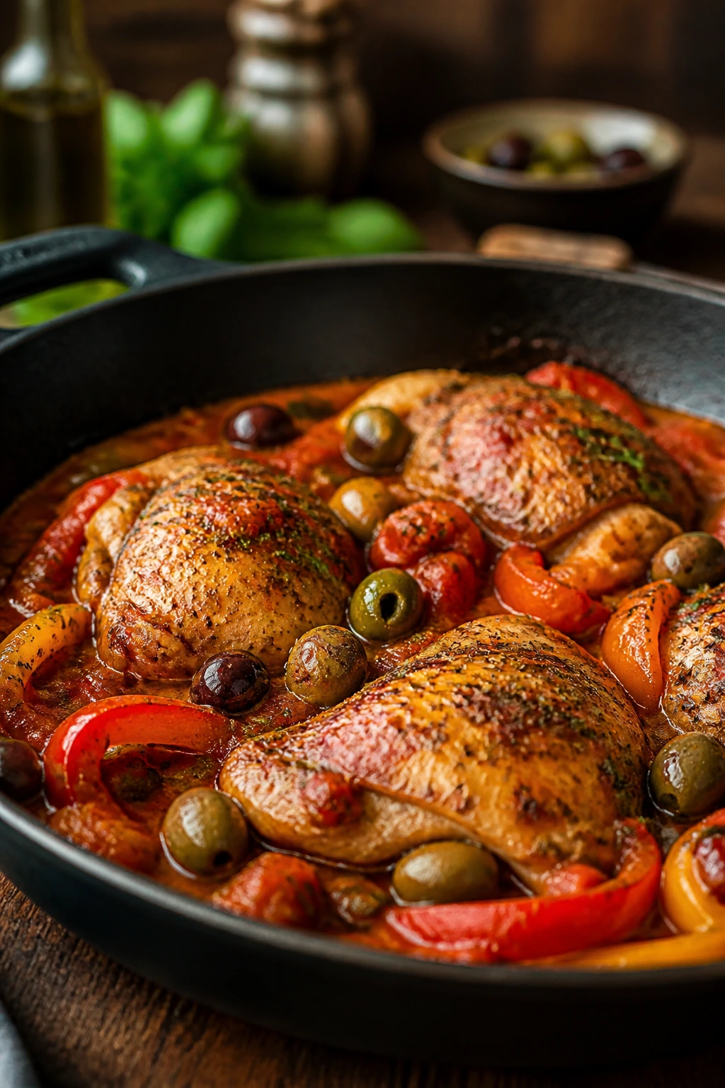 Close-up of chicken cacciatore with peppers and olives