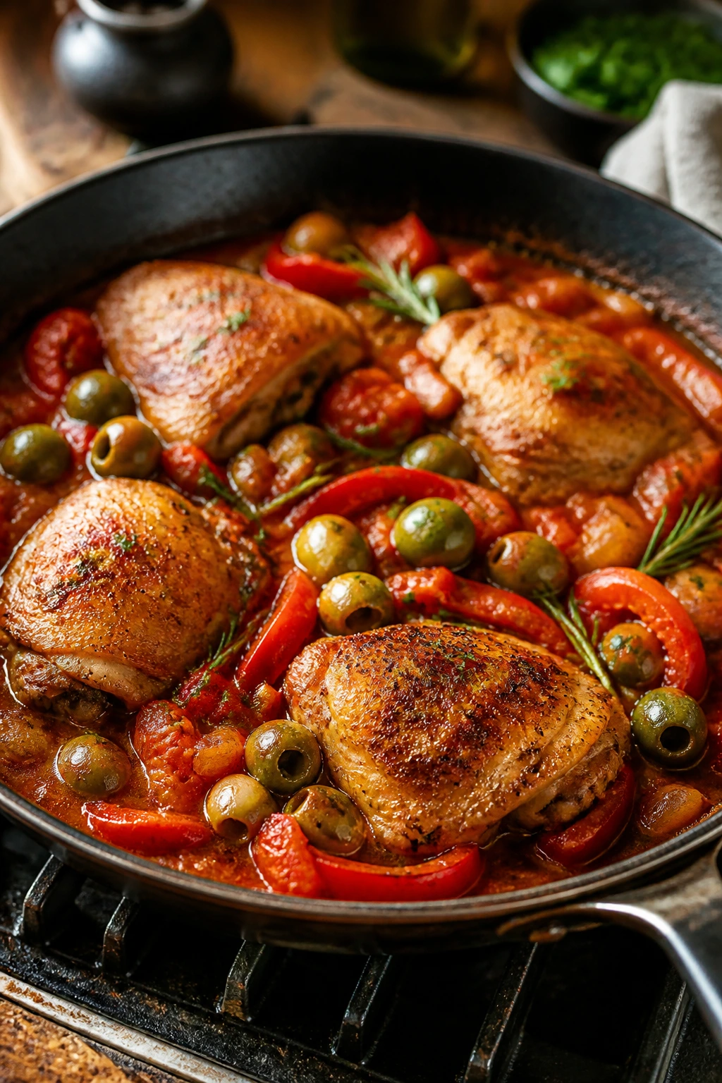 Medium-close-up of chicken cacciatore with peppers and olives in sauce