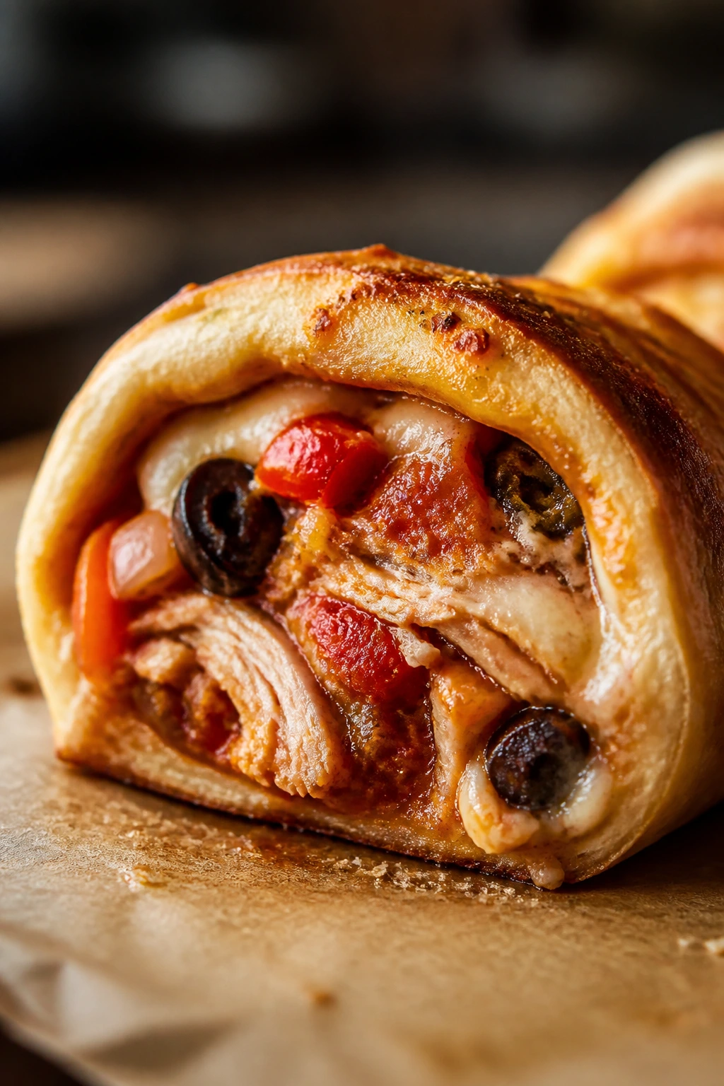 Cross-section of chicken cacciatore roll showing peppers, onions, olives and chicken