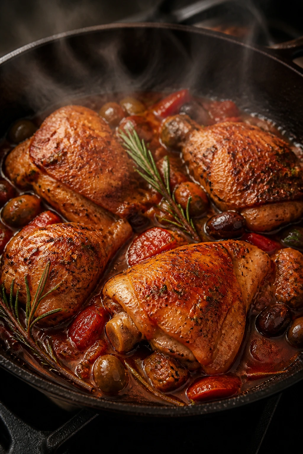 Braised chicken with rosemary olives in tomato sauce