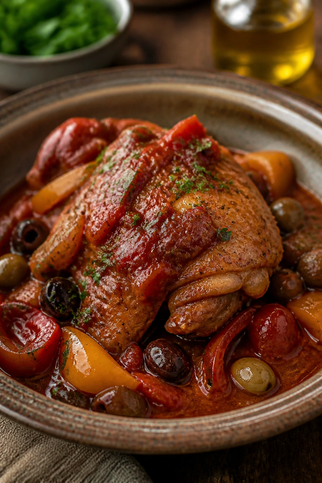 Plate of chicken cacciatore with peppers and olives in tomato sauce
