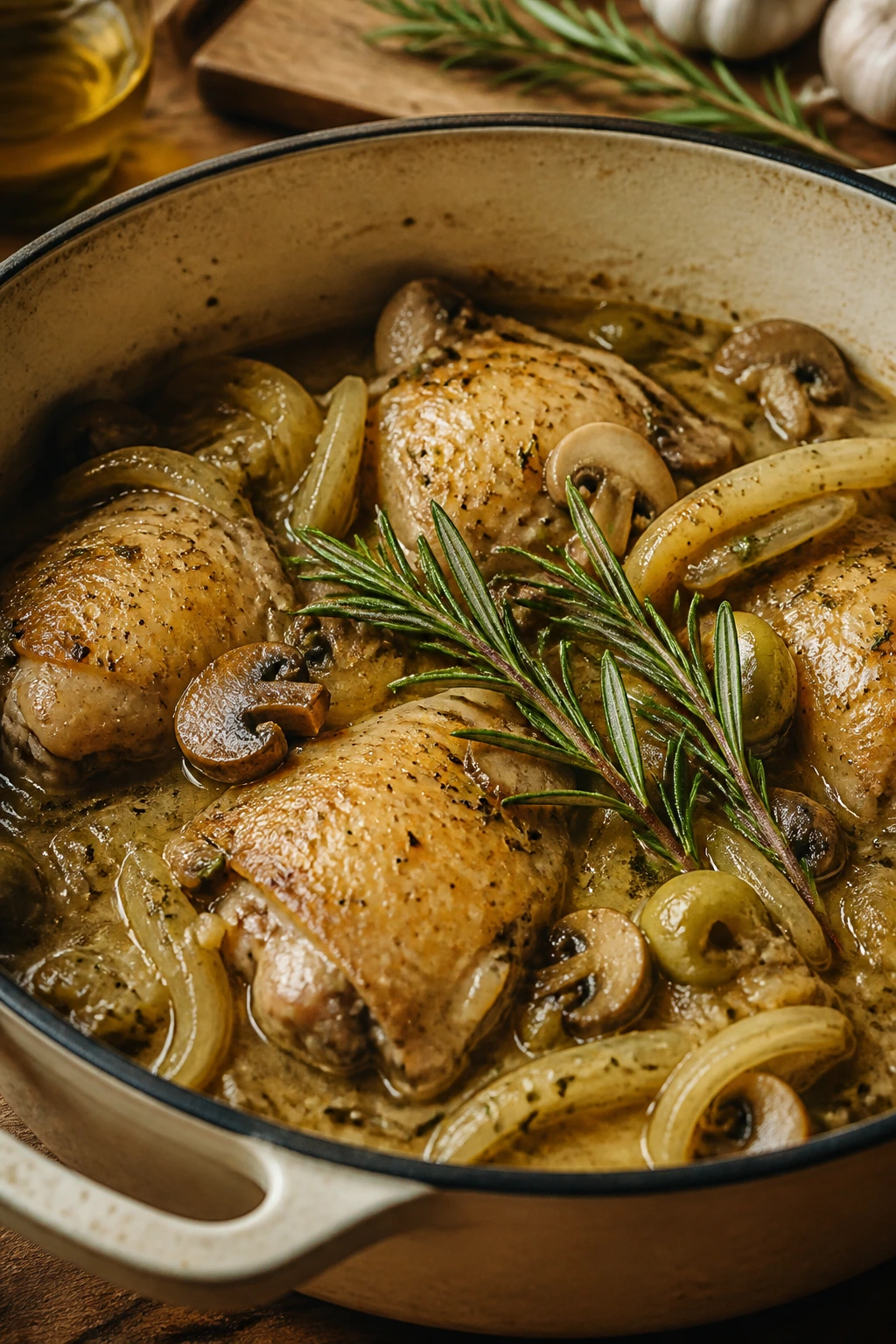 Close-up of Chicken Cacciatore Bianco braised with fennel and mushrooms.