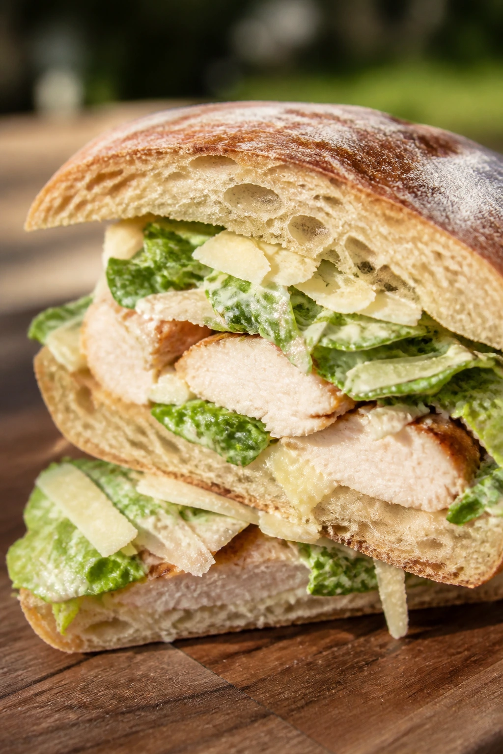 Cross-section of chicken caesar ciabatta sandwich on wood
