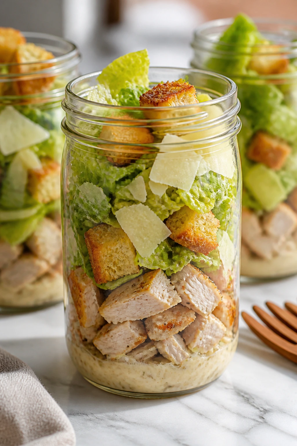 Chicken Caesar salad in a jar with romaine, chicken and Parmesan