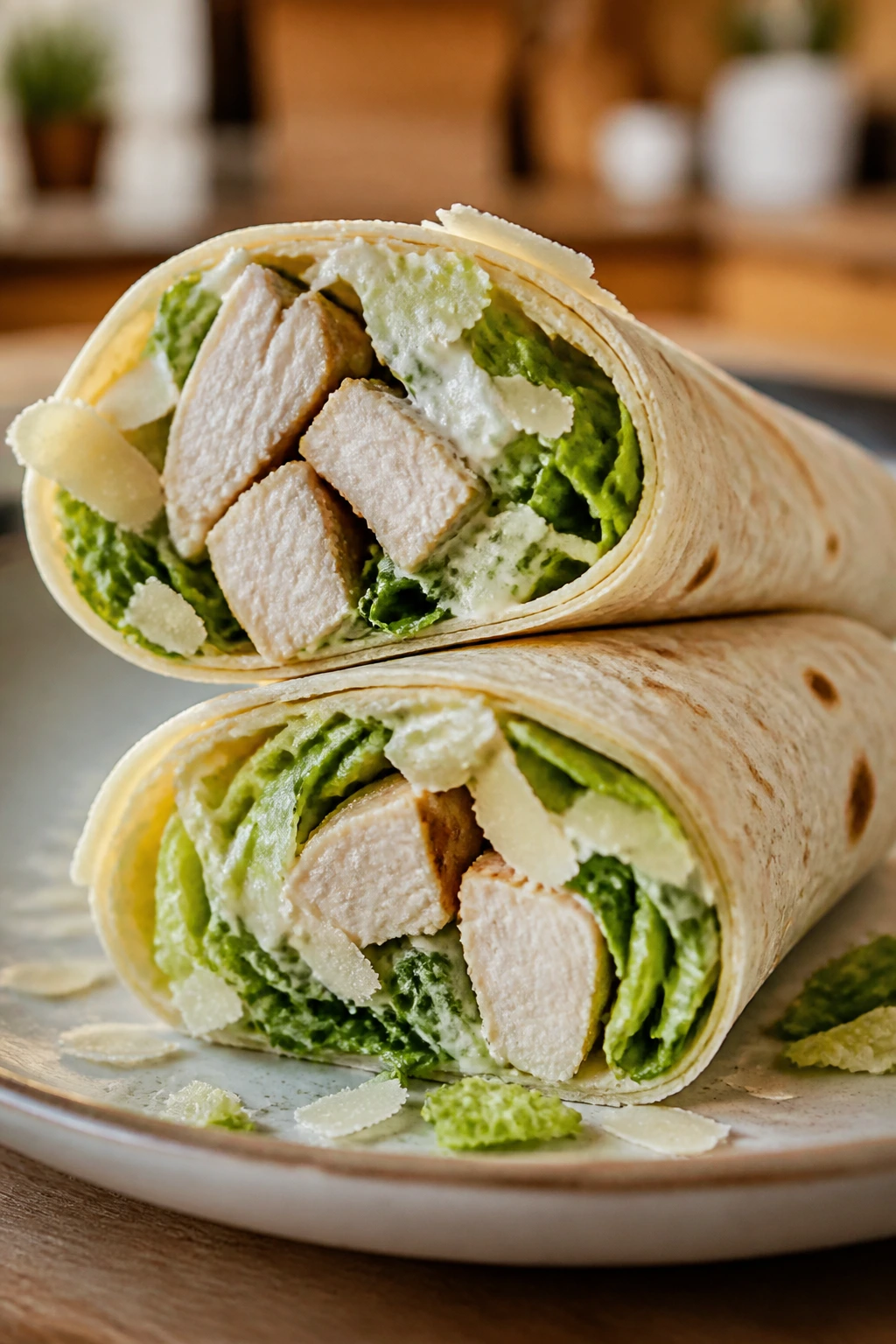 Chicken Caesar mini wraps cut in half on a plate