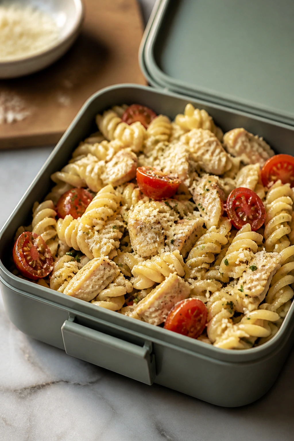 Close-up of chicken Caesar pasta in a lunchbox