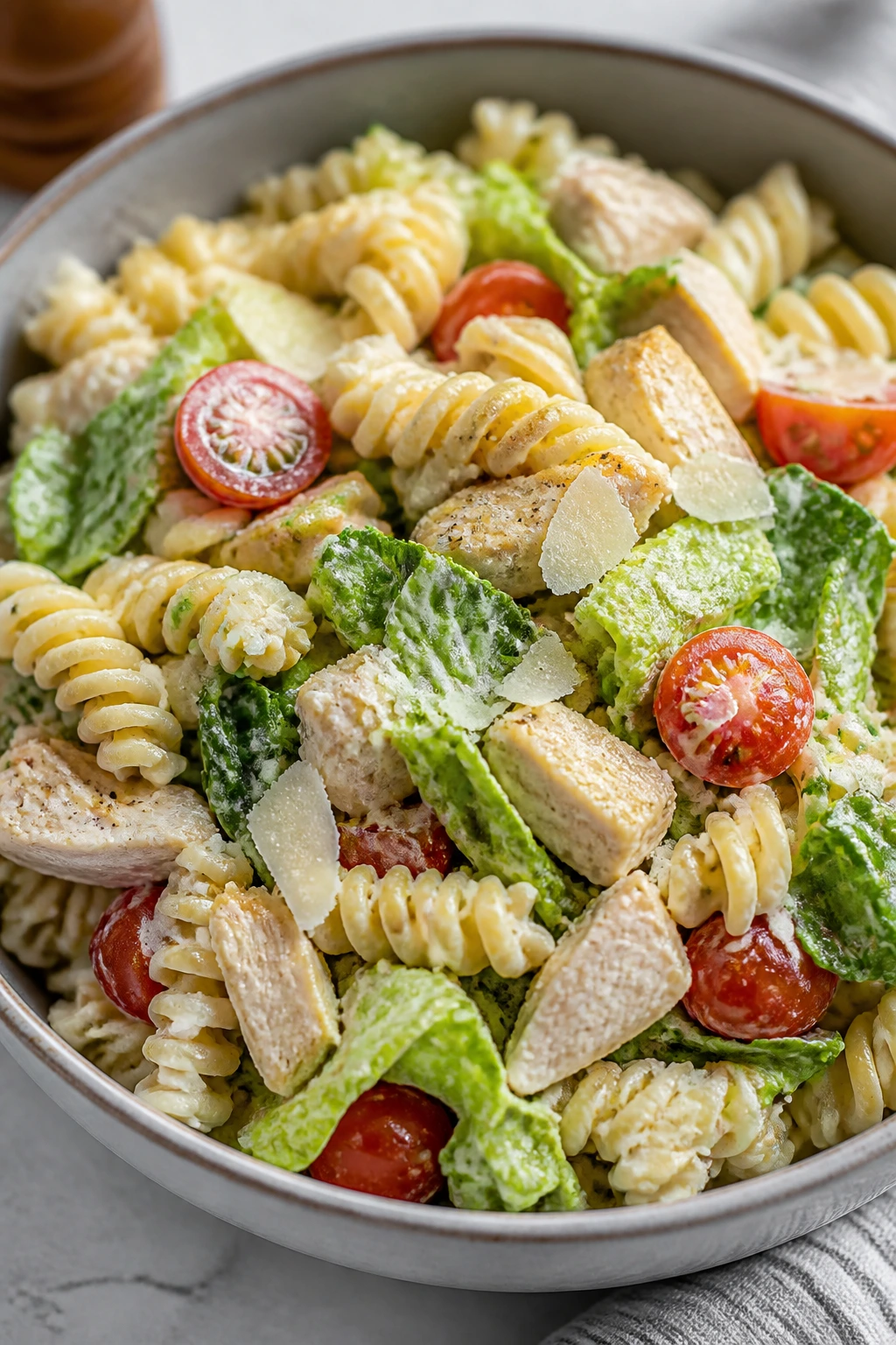Chicken Caesar pasta salad in a bowl