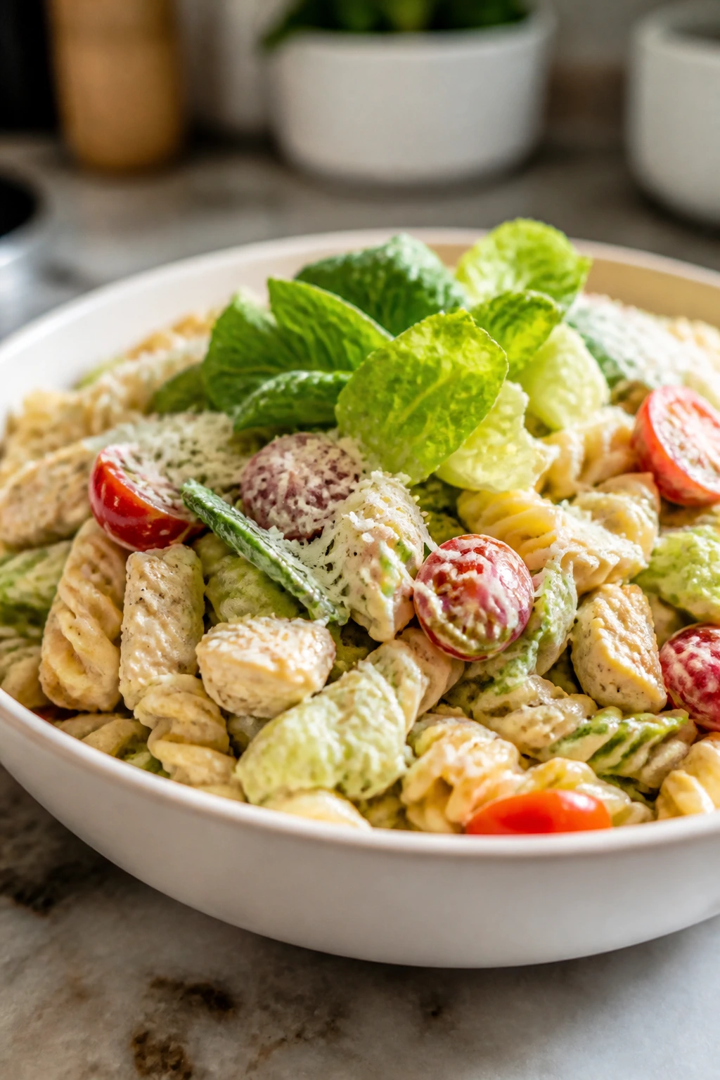Close-up of chicken Caesar pasta salad in a bowl with greens and tomatoes