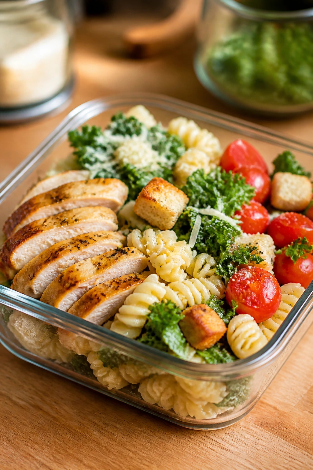 Meal prep bowl with chicken Caesar pasta salad