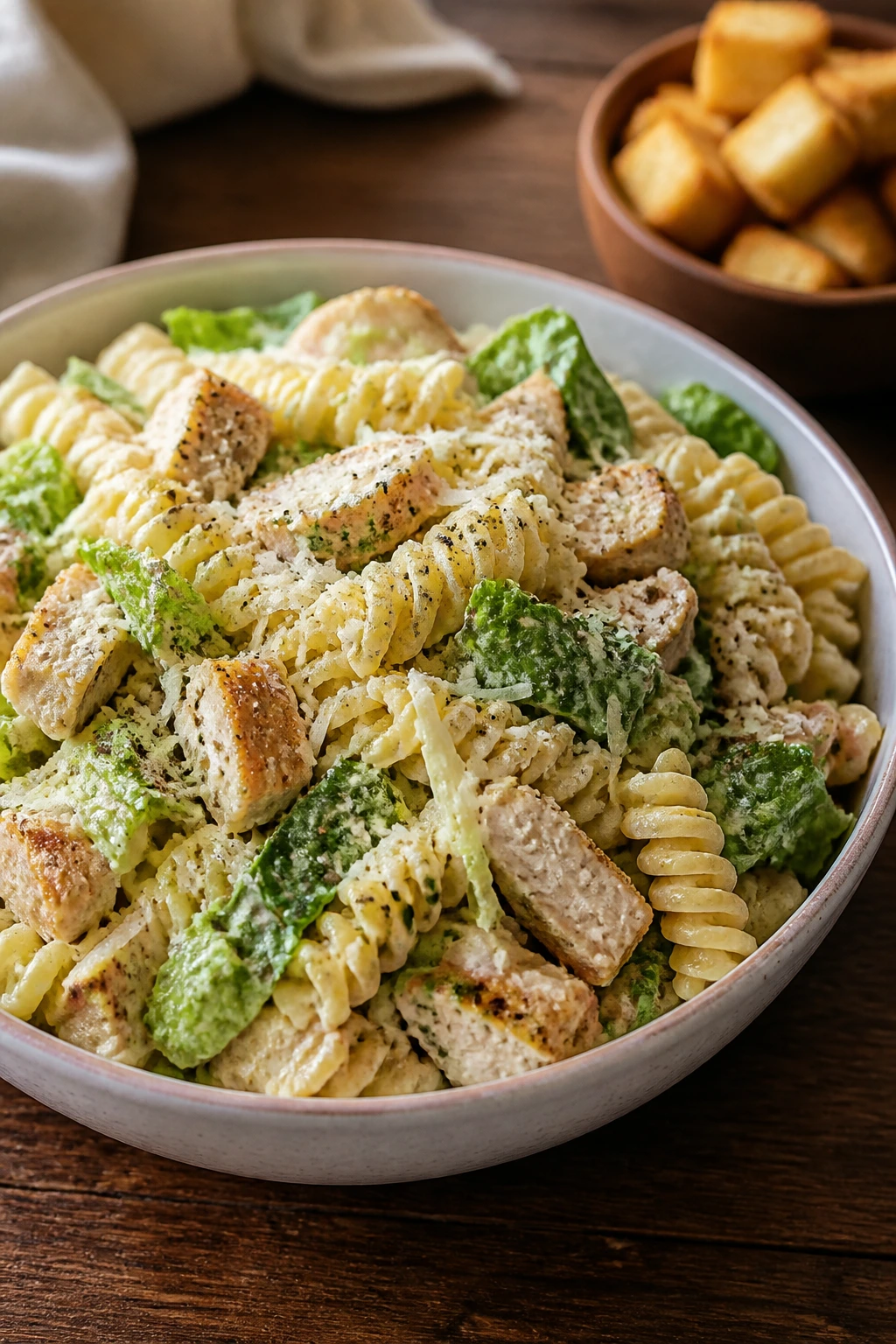 Close-up of chicken Caesar pasta salad with rotini, romaine, and Parmesan