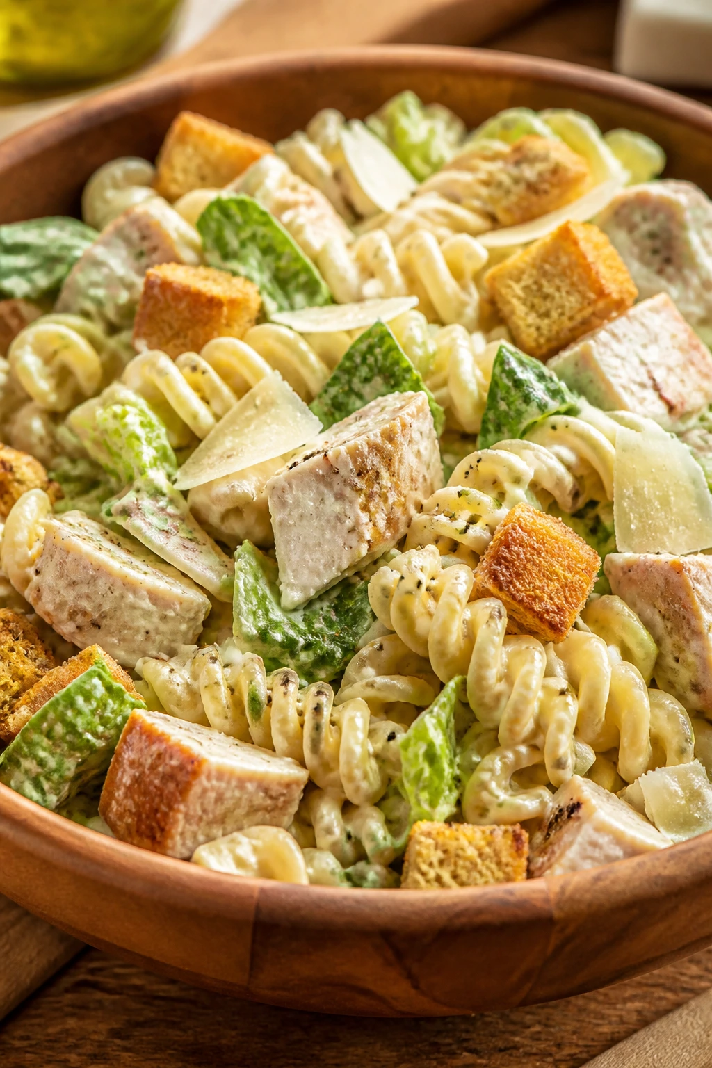 Close-up of chicken Caesar pasta salad in a bowl