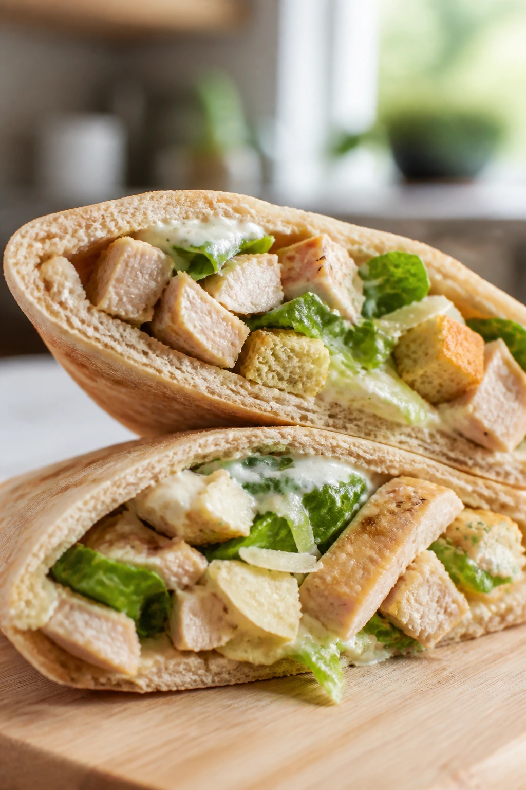 Halved pita stuffed with chicken Caesar filling on a wooden surface