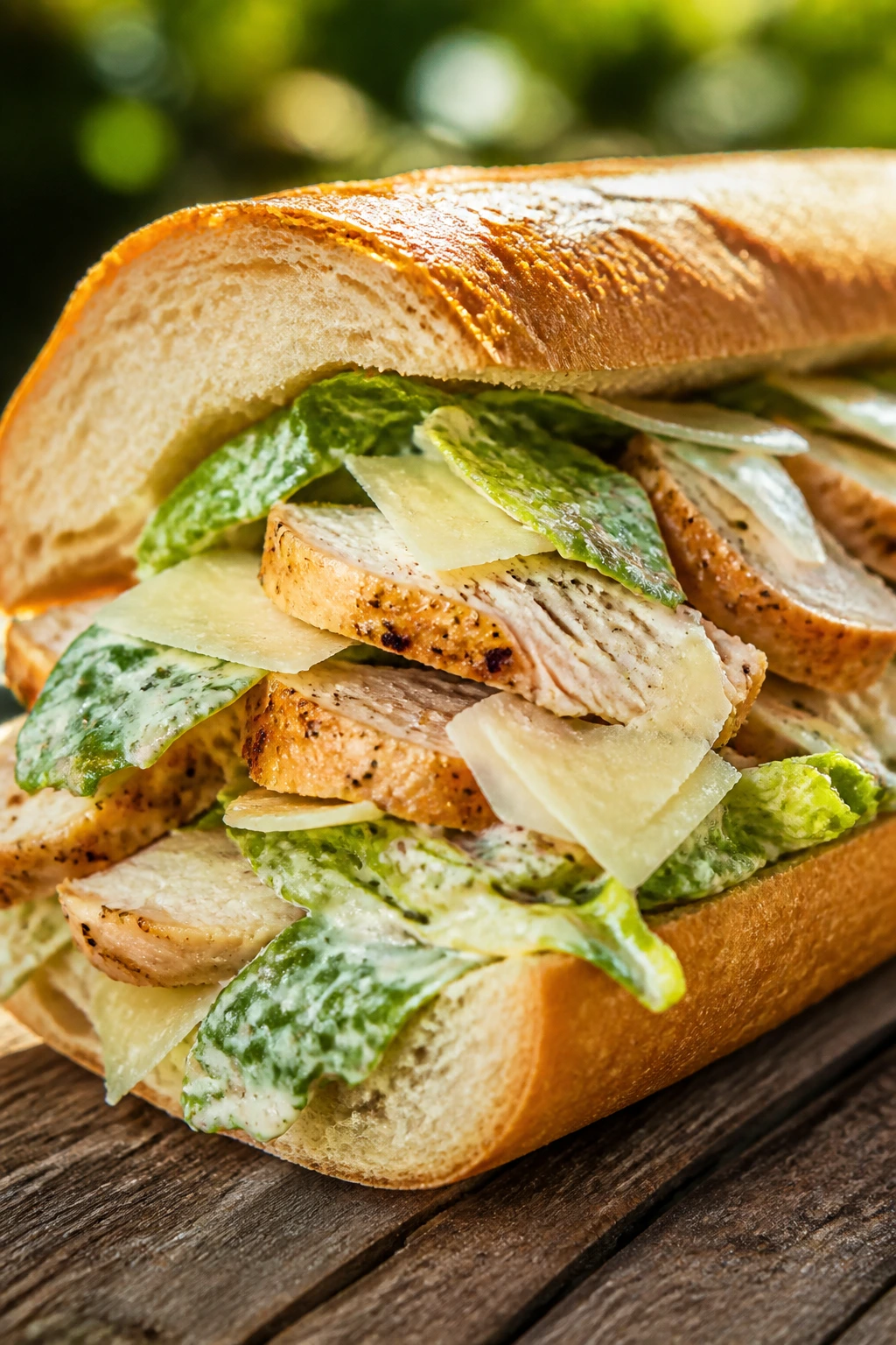 Close-up of a Chicken Caesar Sandwich on a sunlit picnic table with romaine and Parmesan visible