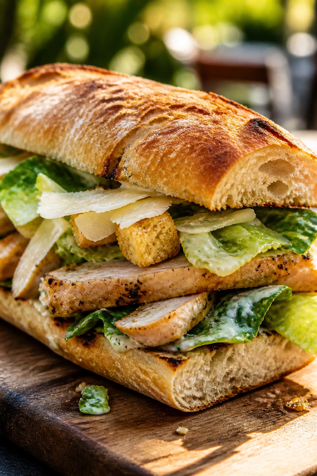 Close-up of a toasted Chicken Caesar Sandwich with crisp romaine and parmesan on rustic board