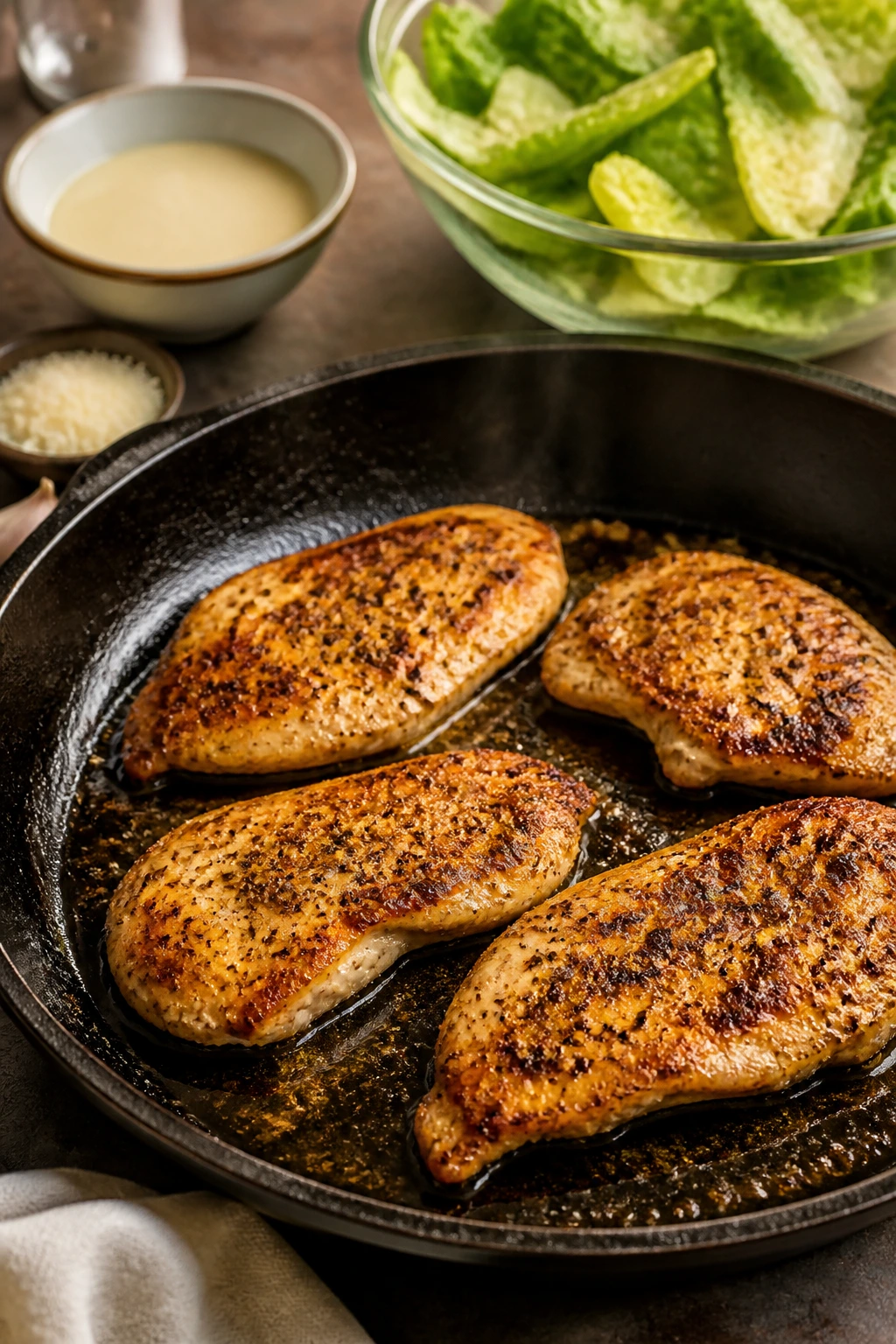 Chicken browning in a skillet with romaine and dressing elements nearby