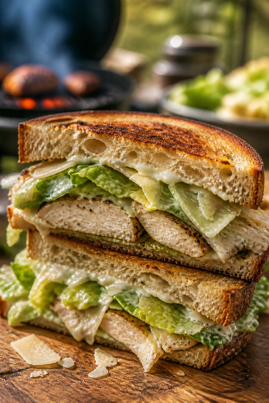 Close-up Chicken Caesar Toasted Sandwich with parmesan and romaine